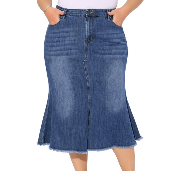 DARING DIVA Women's Plus Denim Fishtail Midi Jean Skirt with Pockets 2X Blue