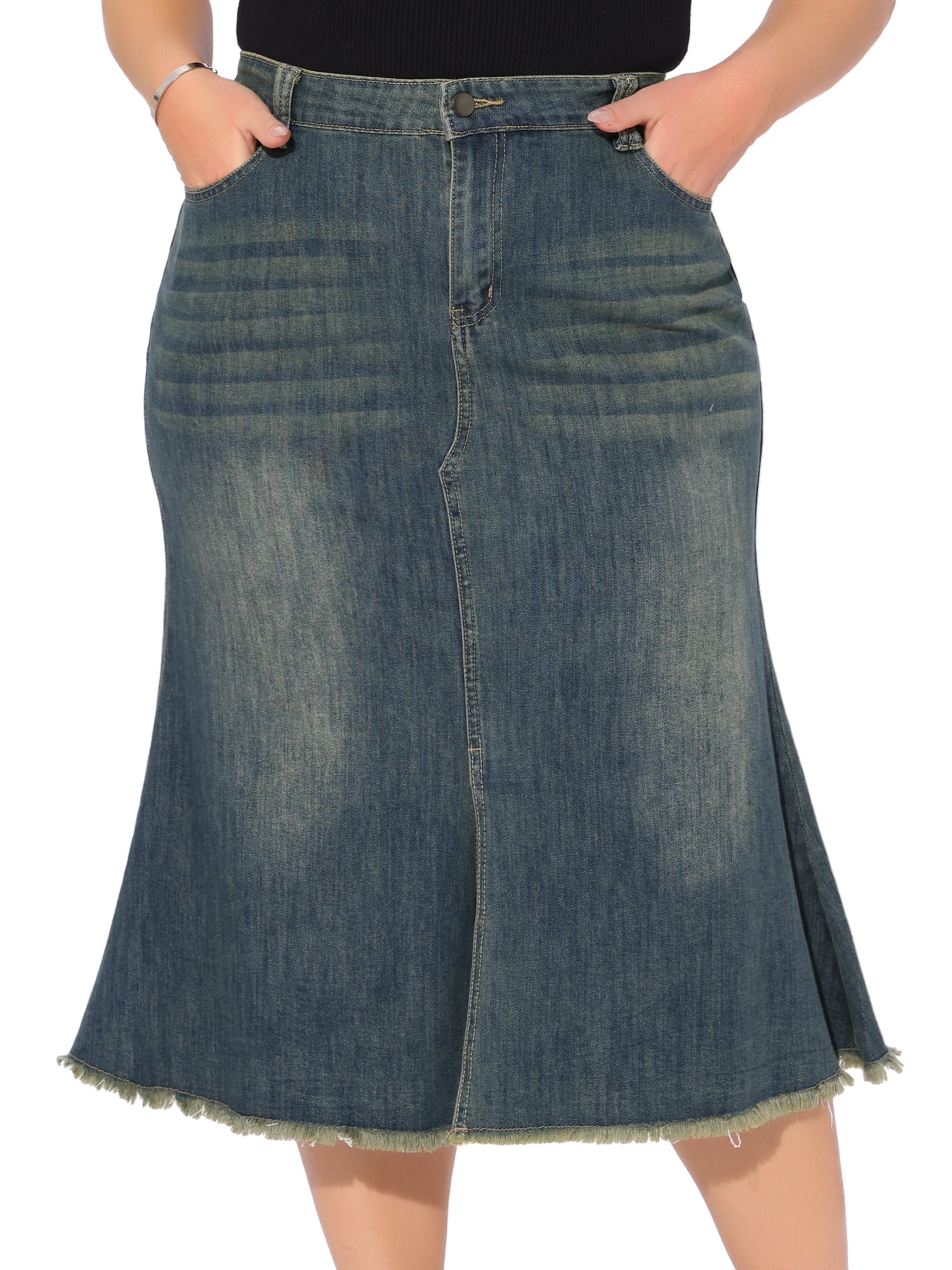 DARING DIVA Women's Plus Denim Fishtail Midi Jean Skirt with Pockets 3X Grey Blue