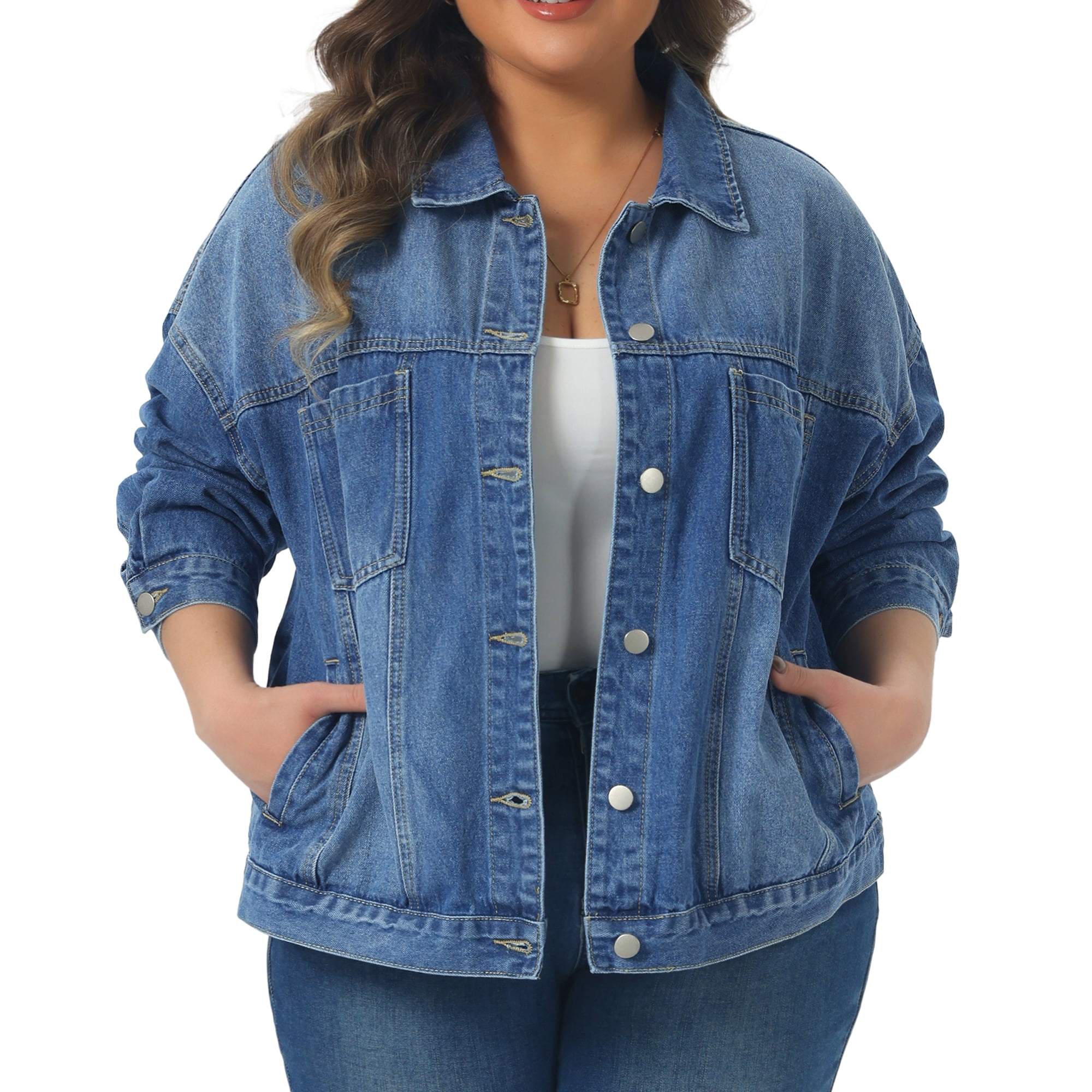 DARING DIVA Women's Plus Denim Long Sleeve Button Washed Jacket 1X Blue