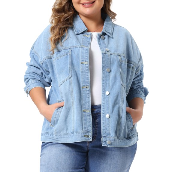 DARING DIVA Women's Plus Denim Long Sleeve Button Washed Jacket 1X Light Blue
