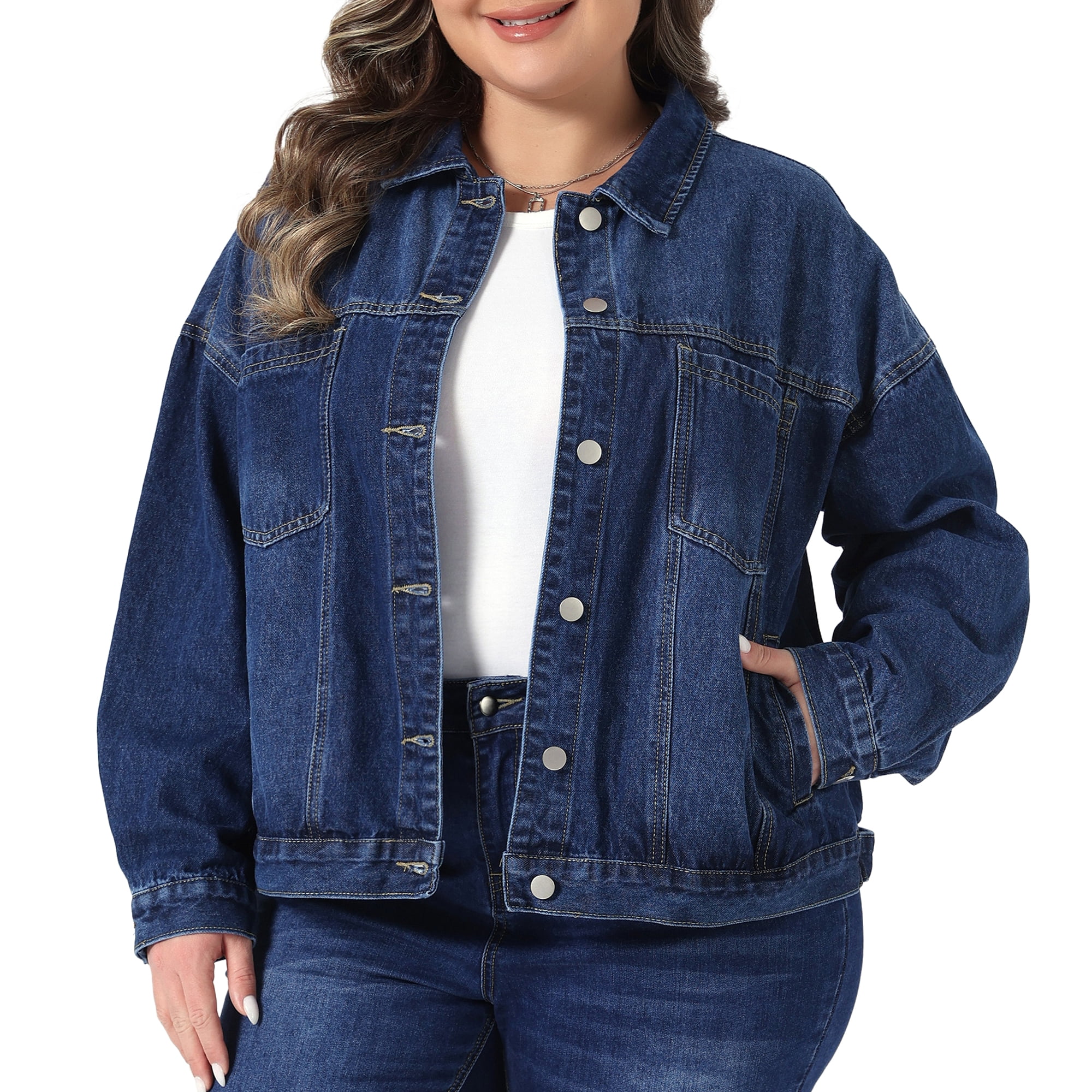 DARING DIVA Women's Plus Denim Long Sleeve Button Washed Jacket 2X Dark Blue