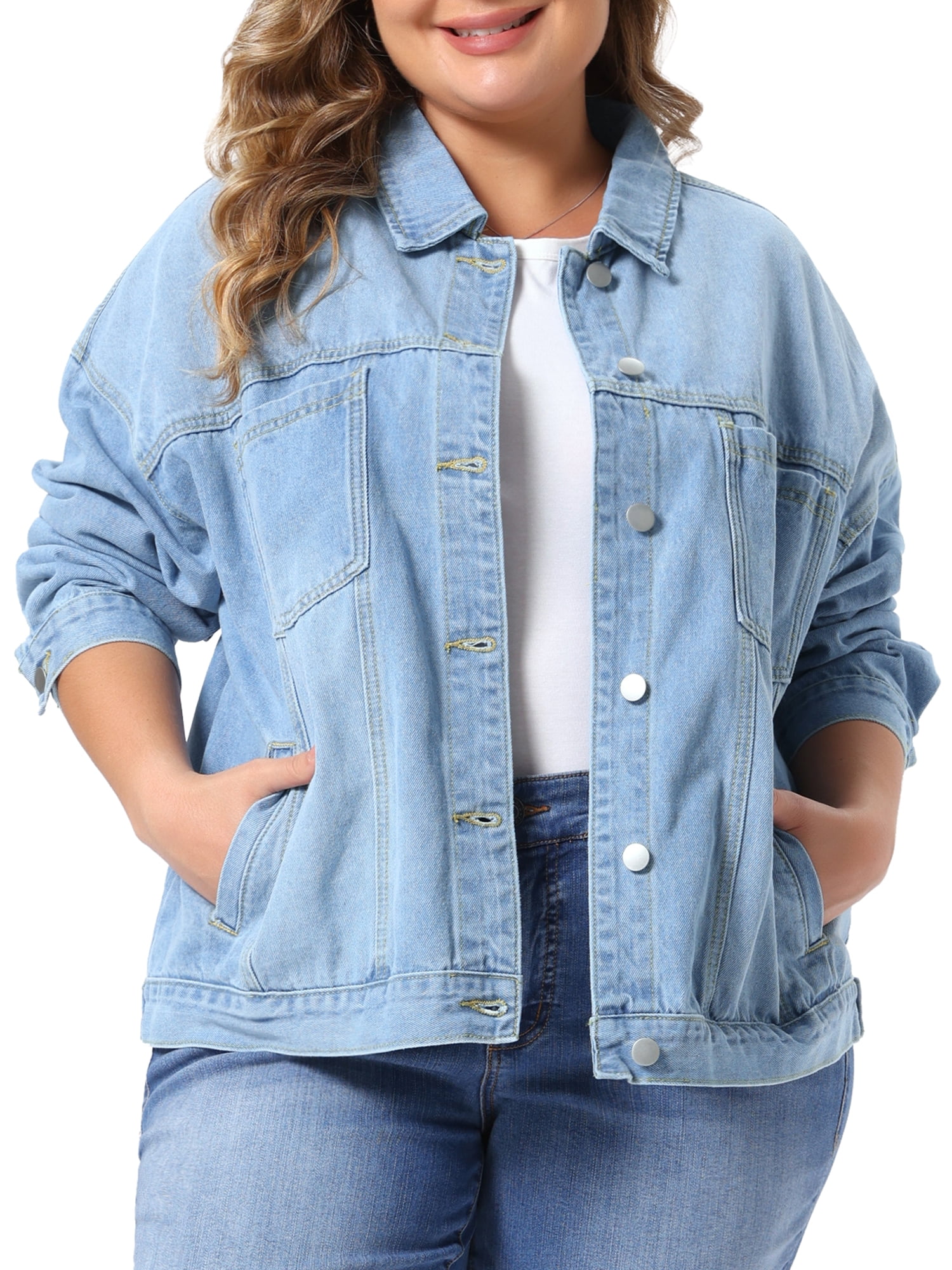 DARING DIVA Women's Plus Denim Long Sleeve Button Washed Jacket 3X Light Blue