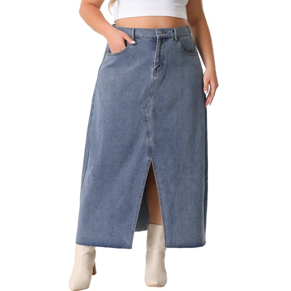 DARING DIVA Women's Plus Denim Maxi Skirt with Frayed Raw Hem 3X Gray Blue