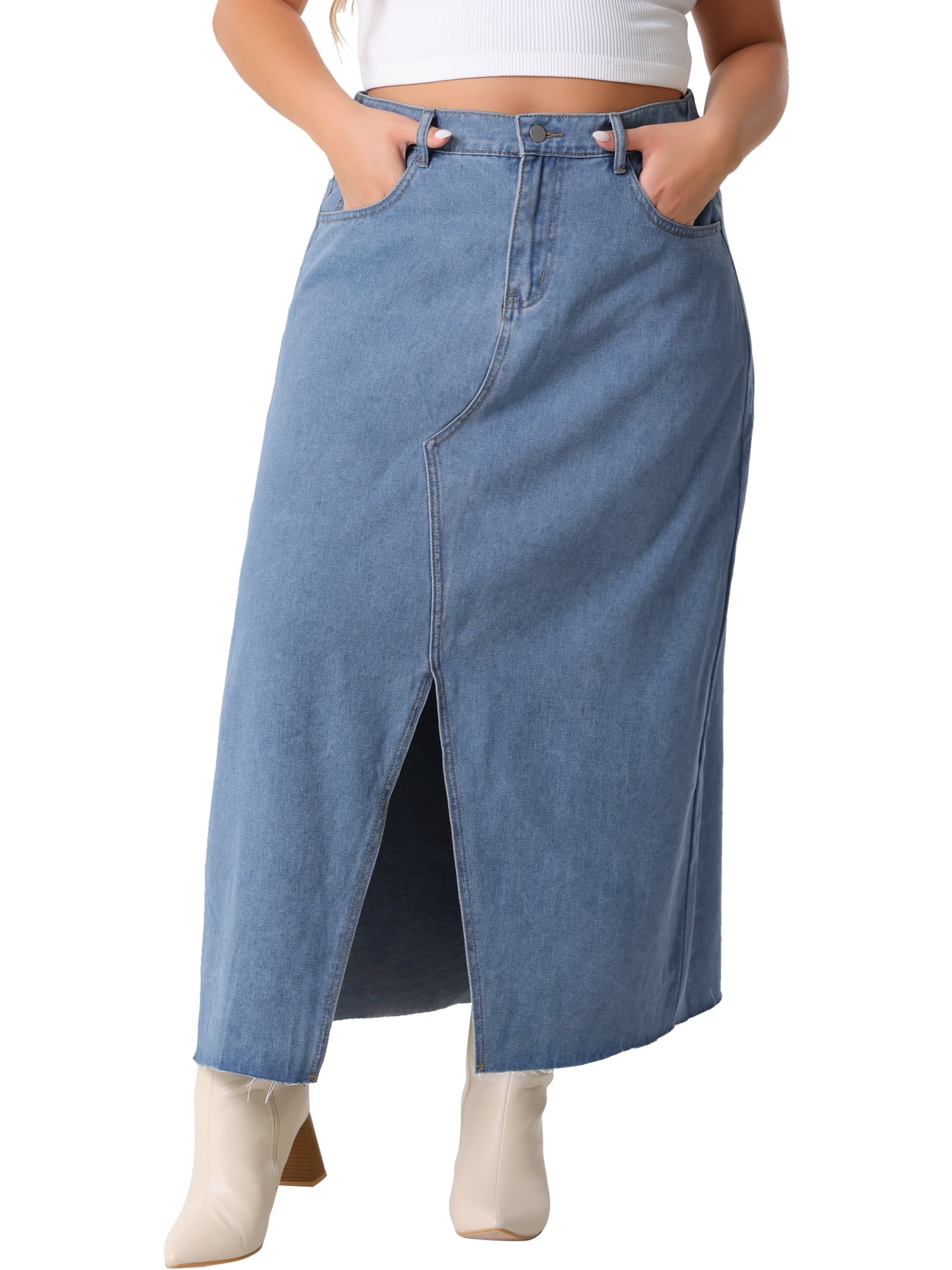 DARING DIVA Women's Plus Denim Maxi Skirt with Frayed Raw Hem 4X Blue