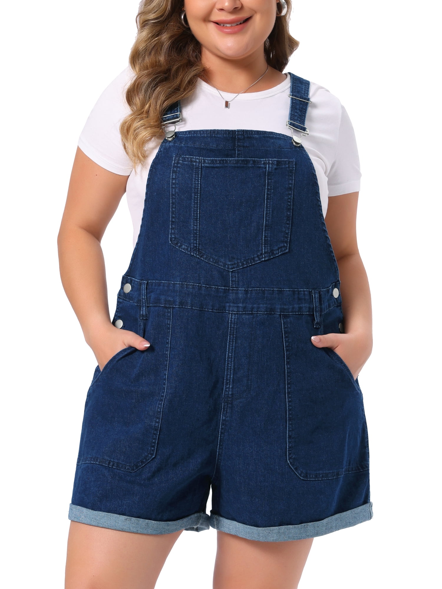 DARING DIVA Women's Plus Denim Overall Adjustable Straps Shorts 4X Dark Blue