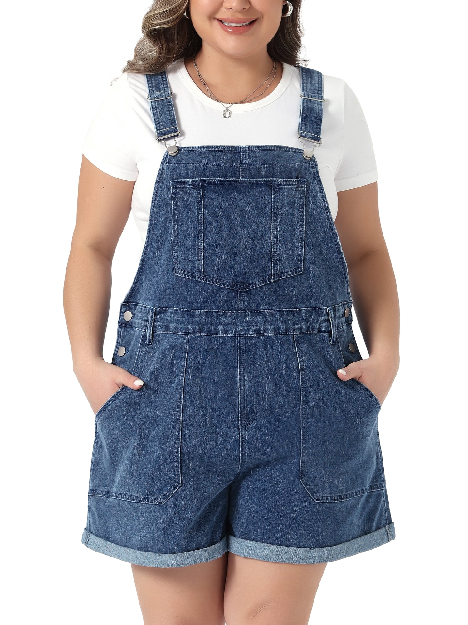 DARING DIVA Women's Plus Denim Overall Adjustable Straps Shorts 4X Gray Blue
