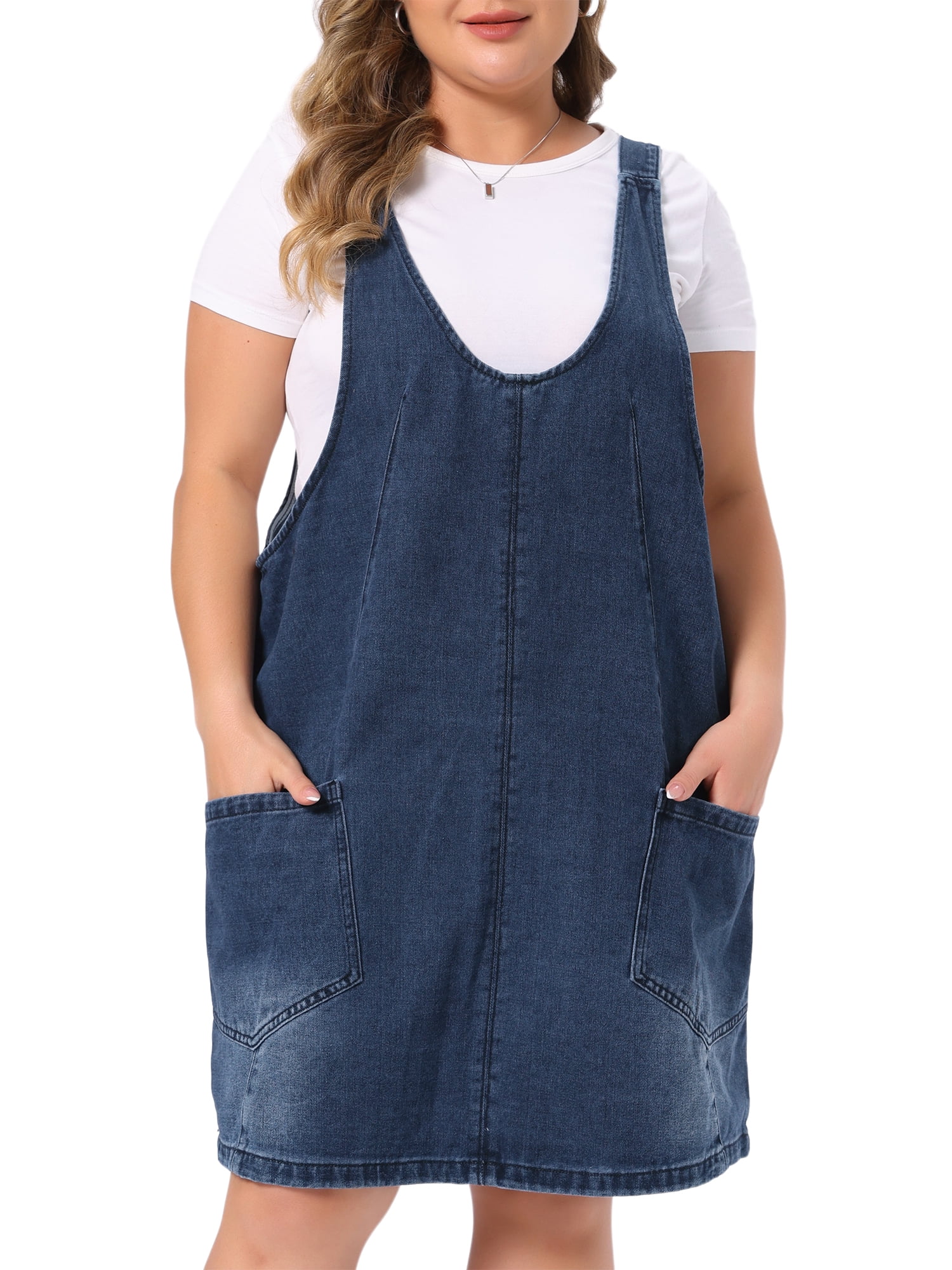 DARING DIVA Women's Plus Denim Overall Sleeveless V Neck Denim Jumper Dress 4X Black Blue