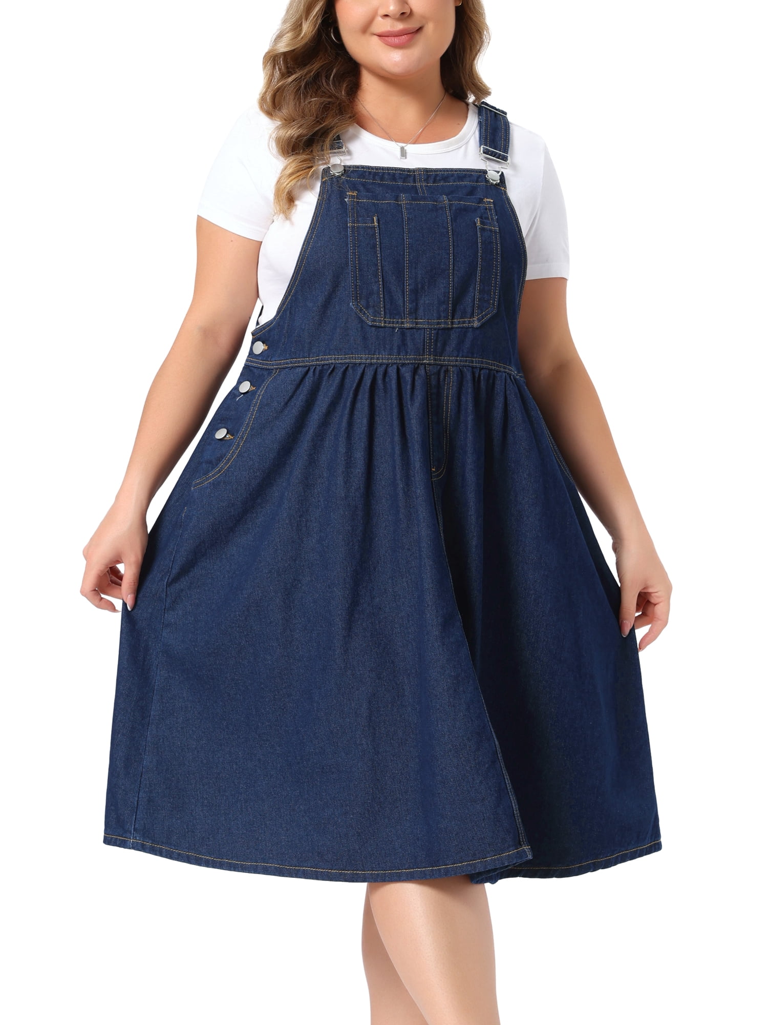 DARING DIVA Women's Plus Denim Overalls Jumper Jean Midi Dress 2X Black Blue