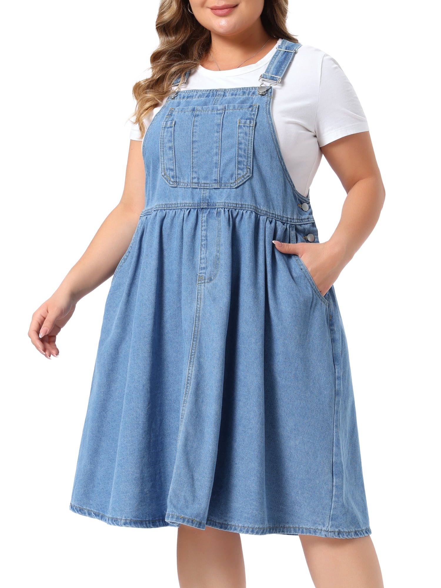 DARING DIVA Women's Plus Denim Overalls Jumper Jean Midi Dress 3X Light Blue