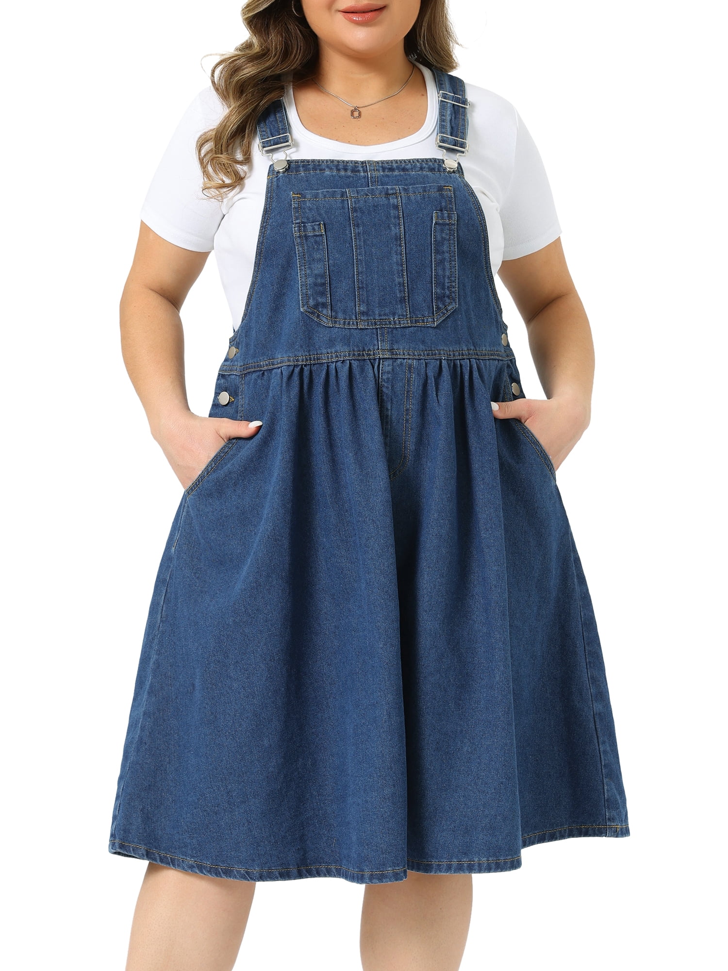 DARING DIVA Women's Plus Denim Overalls Jumper Jean Midi Dress 3X Blue