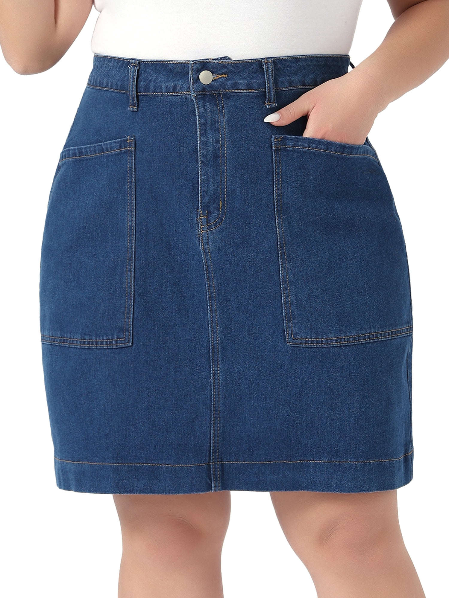 DARING DIVA Women's Plus Denim Pencil Skirt High Waist Knee Length 3X Blue