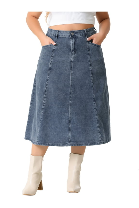 Women's Plus Denim Skirts with Pockets A-Line Midi Jean Skirt 1X Grey Blue