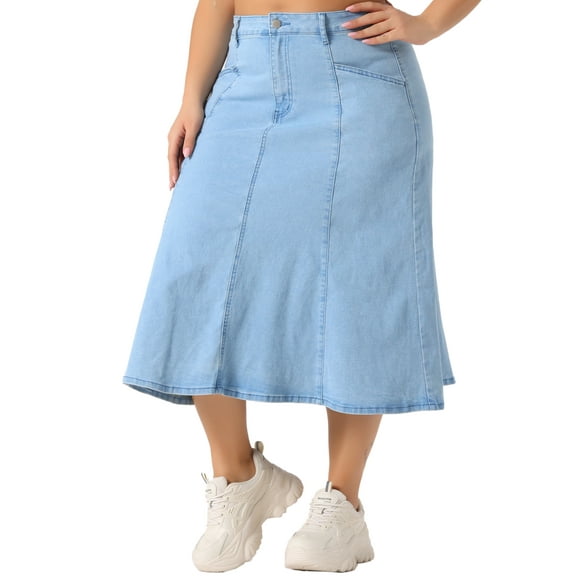 DARING DIVA Women's Plus Denim Skirts with Pockets A-Line Midi Jean Skirt 1X Light Blue