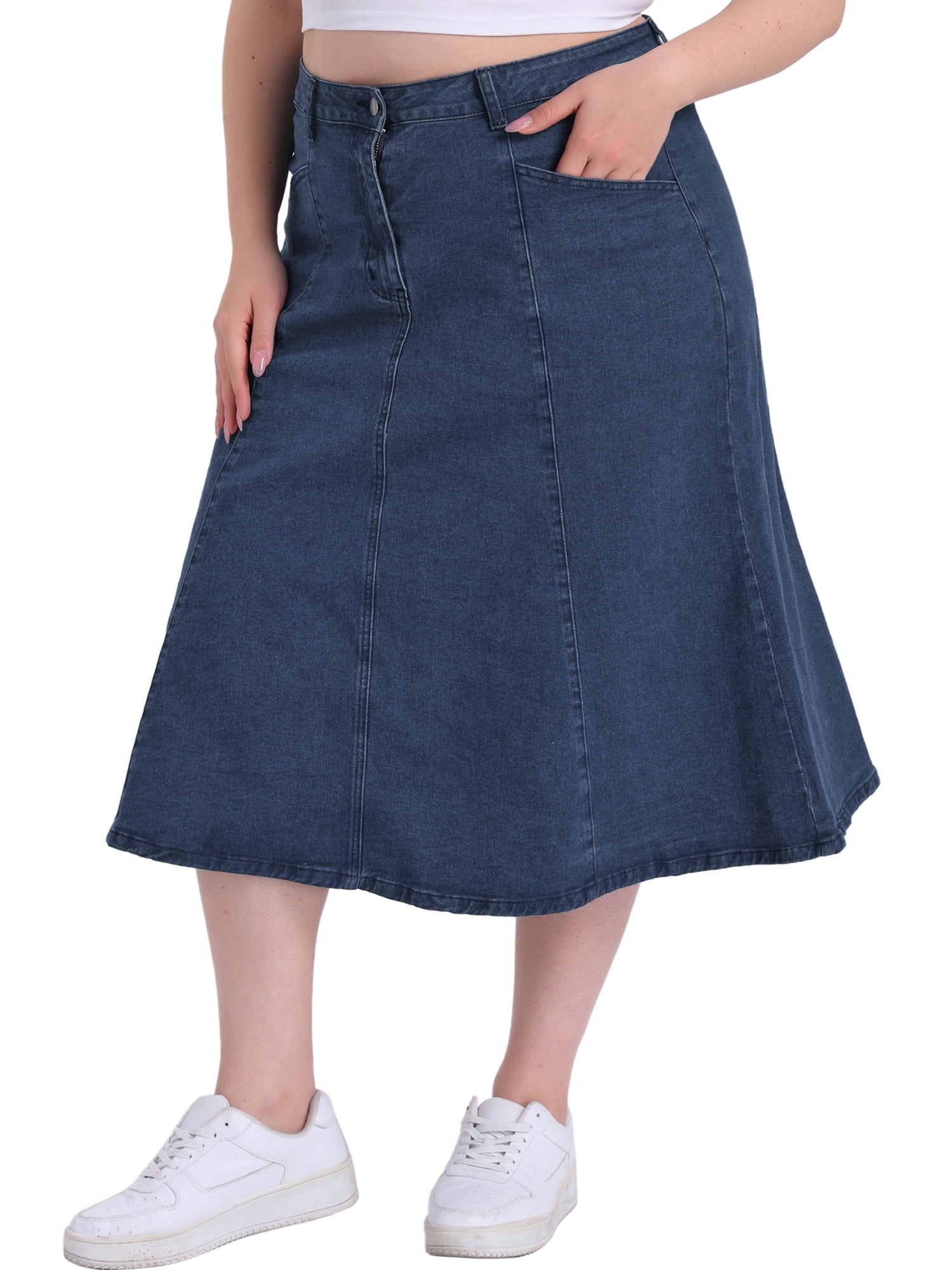 DARING DIVA Women's Plus Denim Skirts with Pockets A-Line Midi Jean Skirt 2X Blue