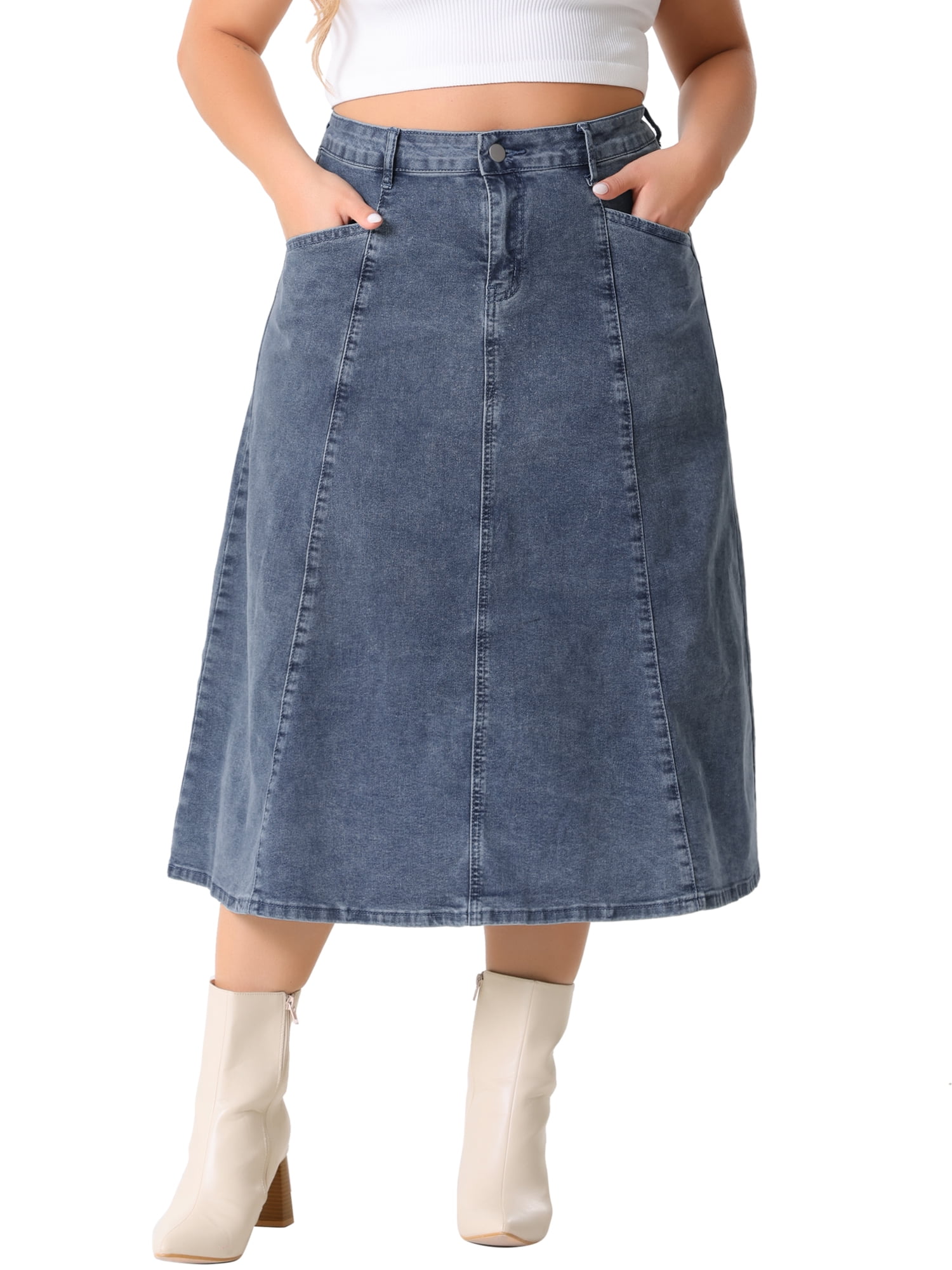DARING DIVA Women's Plus Denim Skirts with Pockets A-Line Midi Jean Skirt 2X Grey Blue