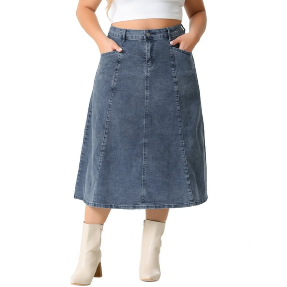 DARING DIVA Women's Plus Denim Skirts with Pockets A-Line Midi Jean Skirt 2X Grey Blue