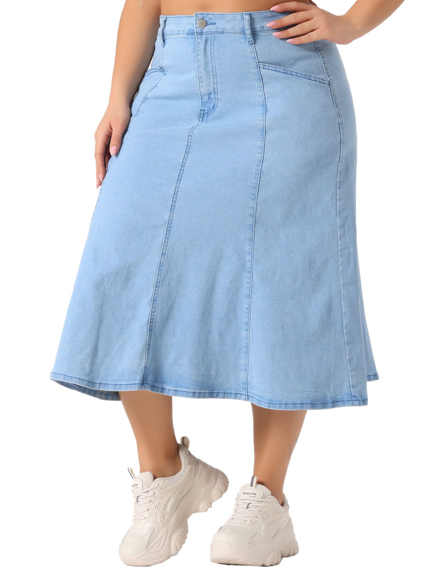 DARING DIVA Women's Plus Denim Skirts with Pockets A-Line Midi Jean Skirt 2X Light Blue
