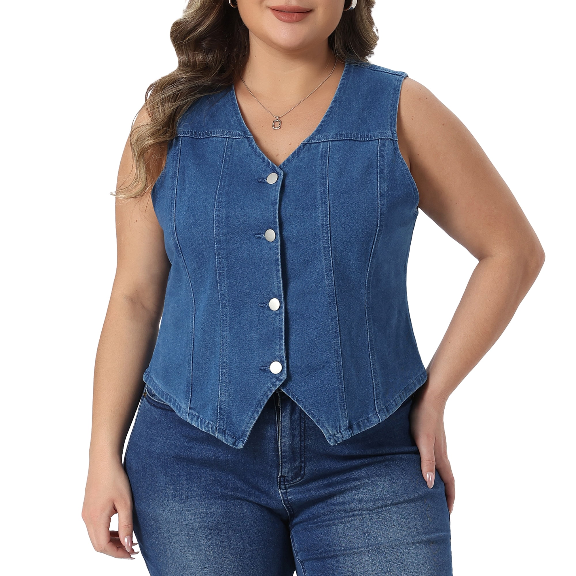 DARING DIVA Women's Plus Denim Vest Button Down Casual Sleeveless Jean Jacket 4X Blue