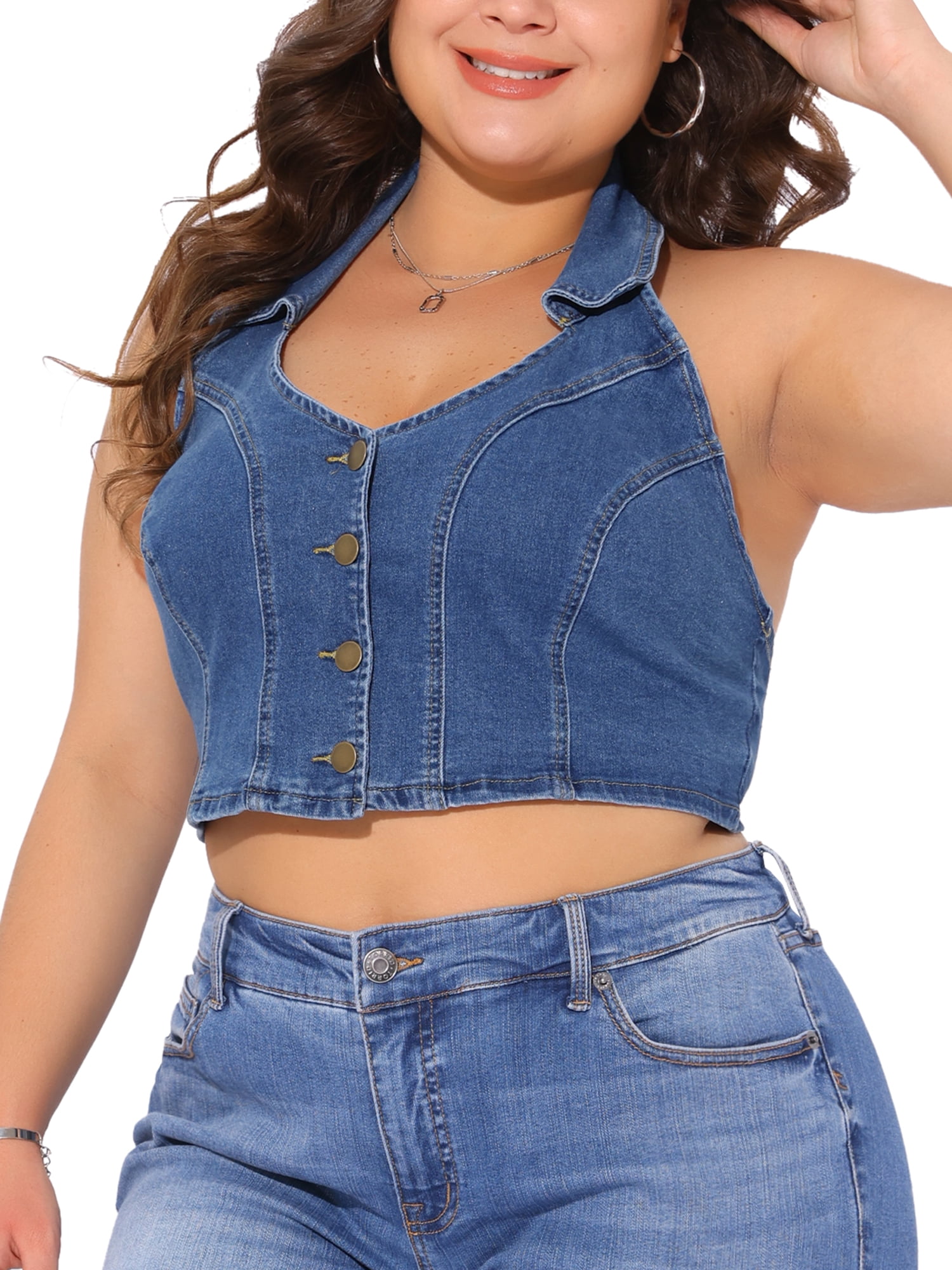 DARING DIVA Women's Plus Denim Vest V Neck Casual Jean Jacket 2X Blue