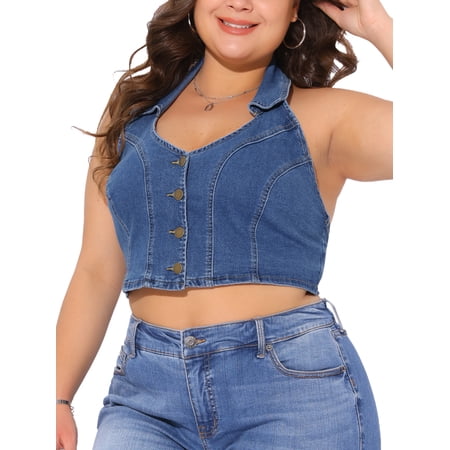 DARING DIVA Women's Plus Denim Vest V Neck Casual Jean Jacket 2X Blue