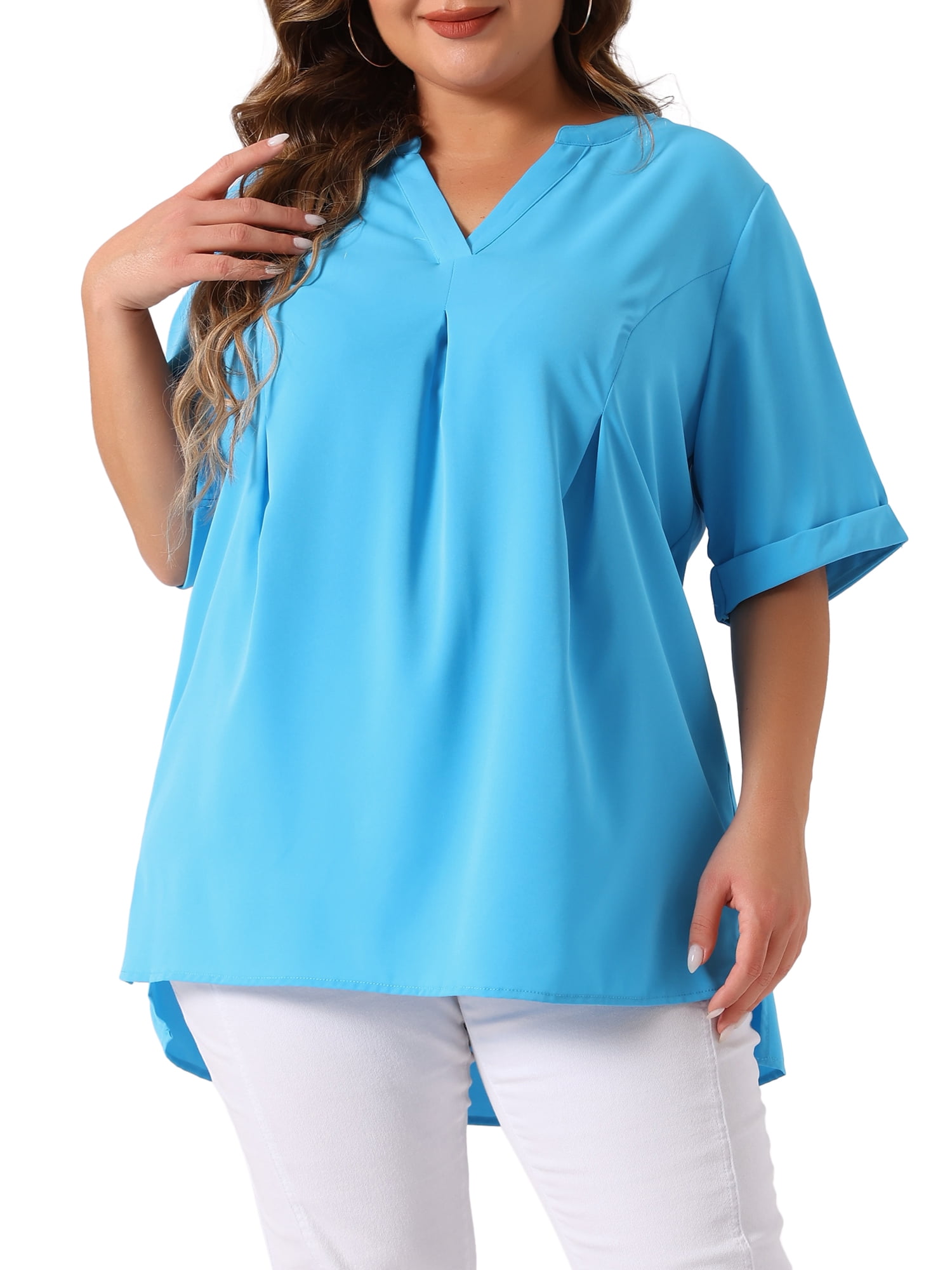 DARING DIVA Women's Plus Dip Hem V Neck Short Sleeve Tunic Top 2X Blue