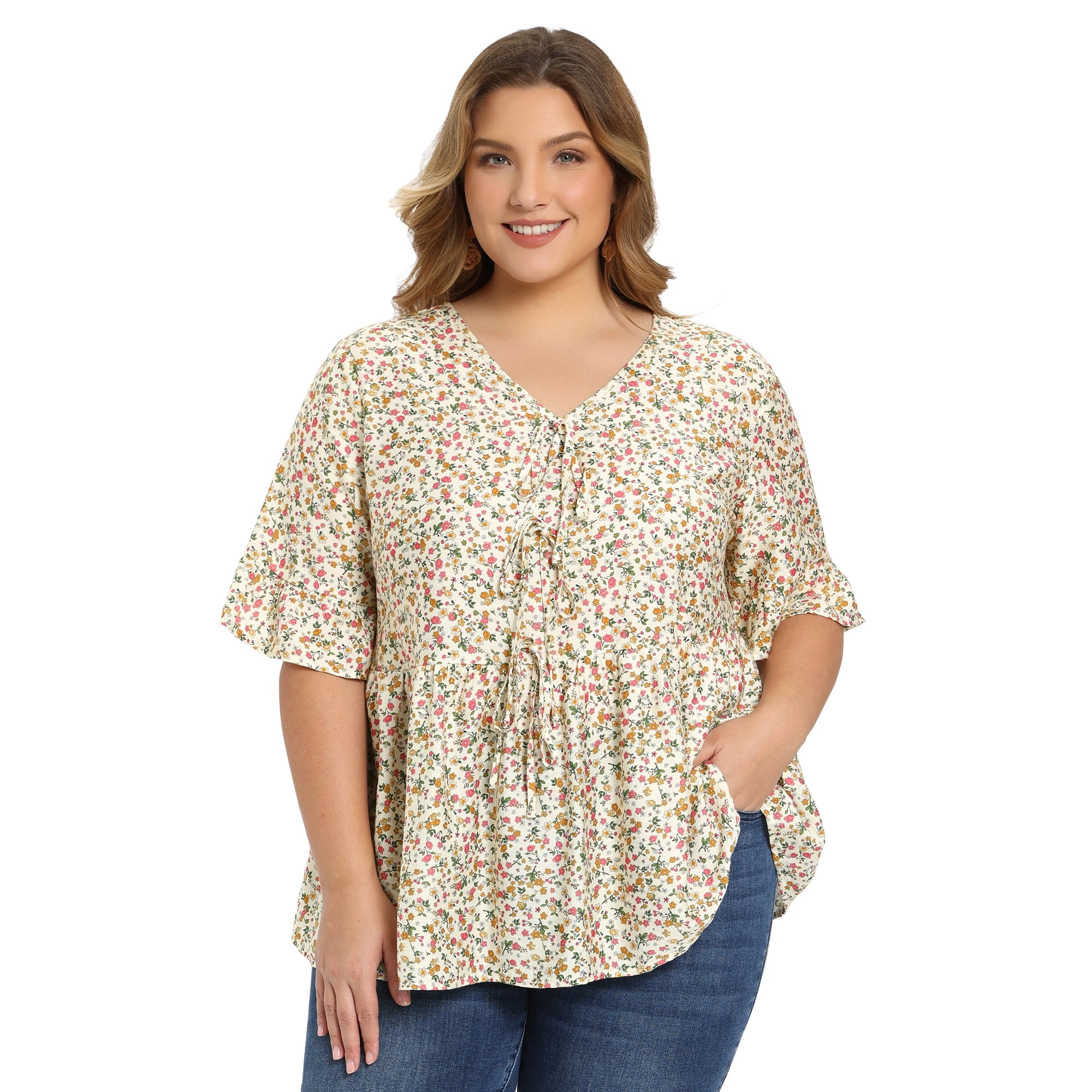 DARING DIVA Women's Plus Ditsy Floral V Neck Tie Front Ruffle Sleeve Blouse 2X Beige