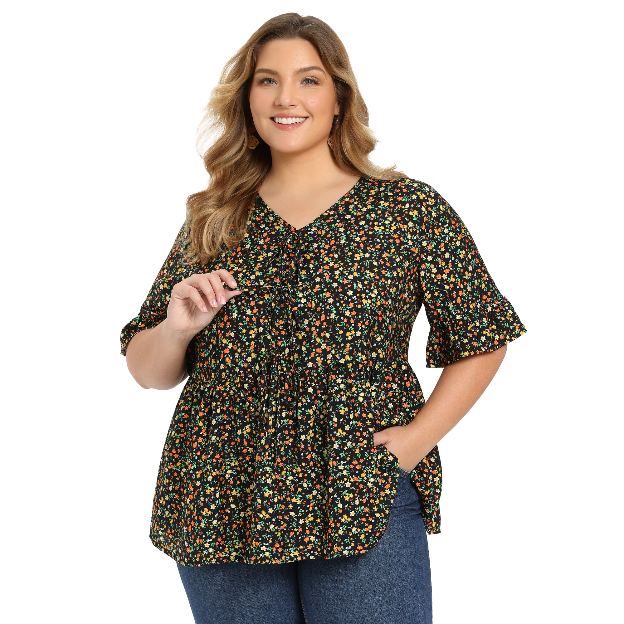 DARING DIVA Women's Plus Ditsy Floral V Neck Tie Front Ruffle Sleeve Blouse 4X Black