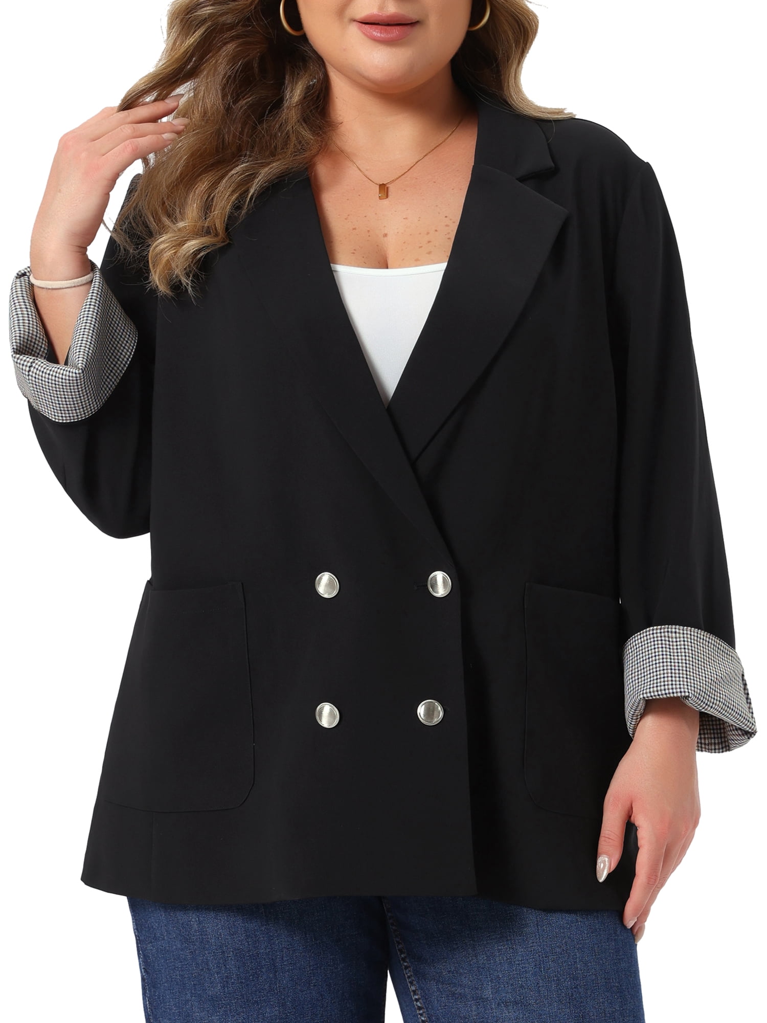 DARING DIVA Women's Plus Double Breasted with Rolled Blazer 1X Black