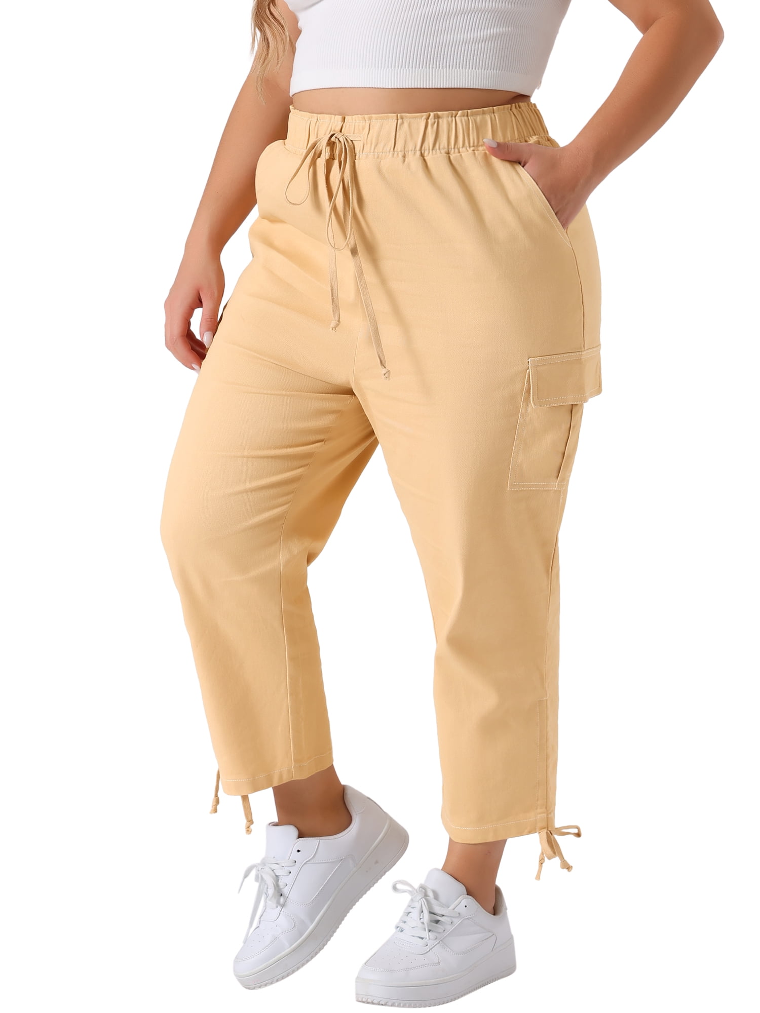 DARING DIVA Women's Plus Drawstring Elastic Waist Cargo Pants with Pocket 1X Beige