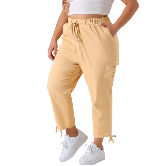 DARING DIVA Women's Plus Drawstring Elastic Waist Cargo Pants with Pocket 1X Beige