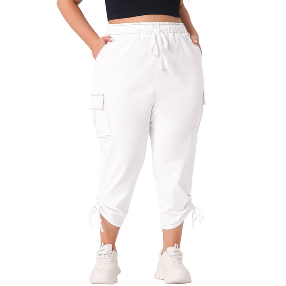 DARING DIVA Women's Plus Drawstring Elastic Waist Cargo Pants with Pocket 1X White