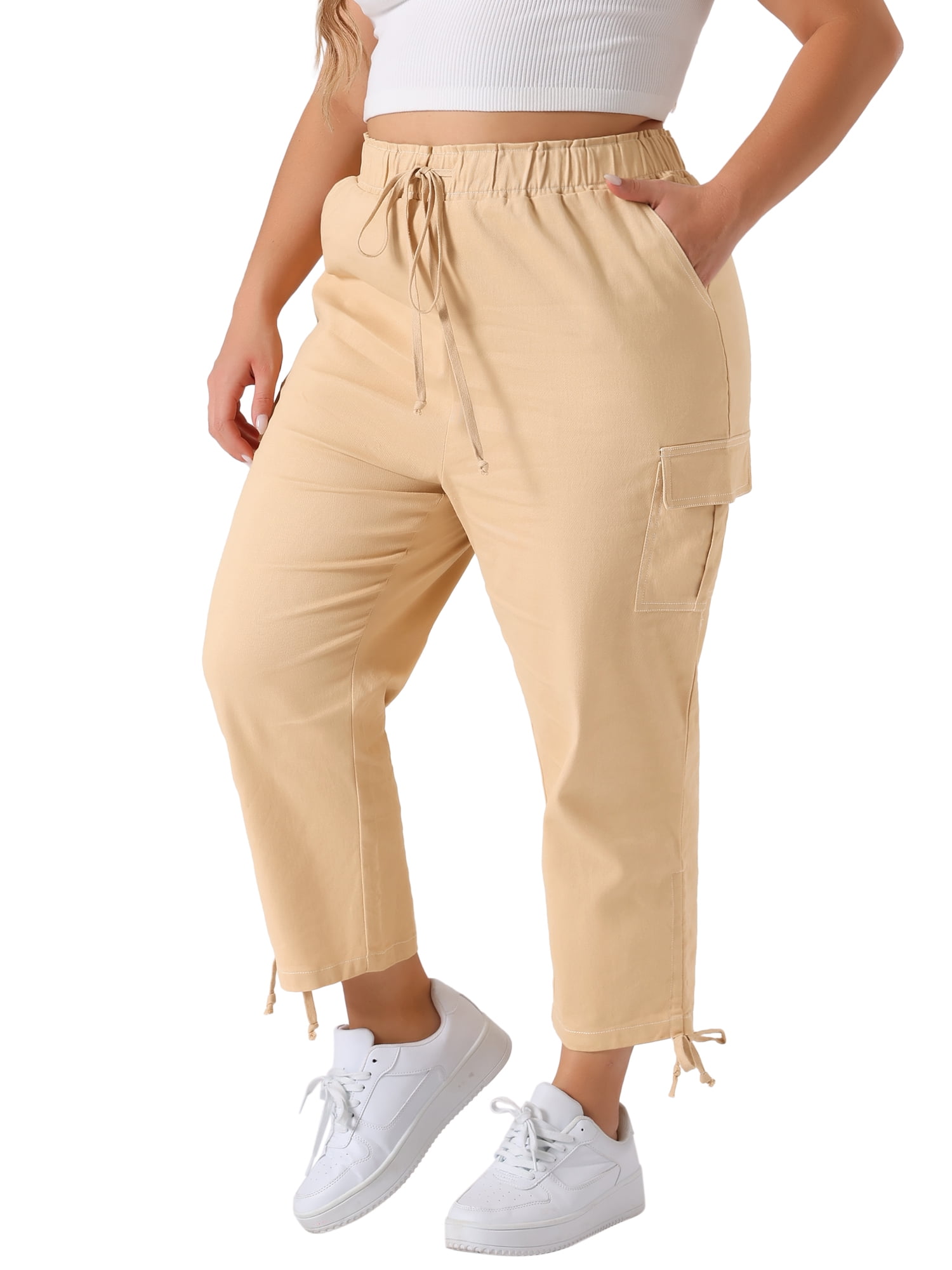 Plus Size Cargo Pants for Women High Waist Drawstring Elastic Waist 4X Beige