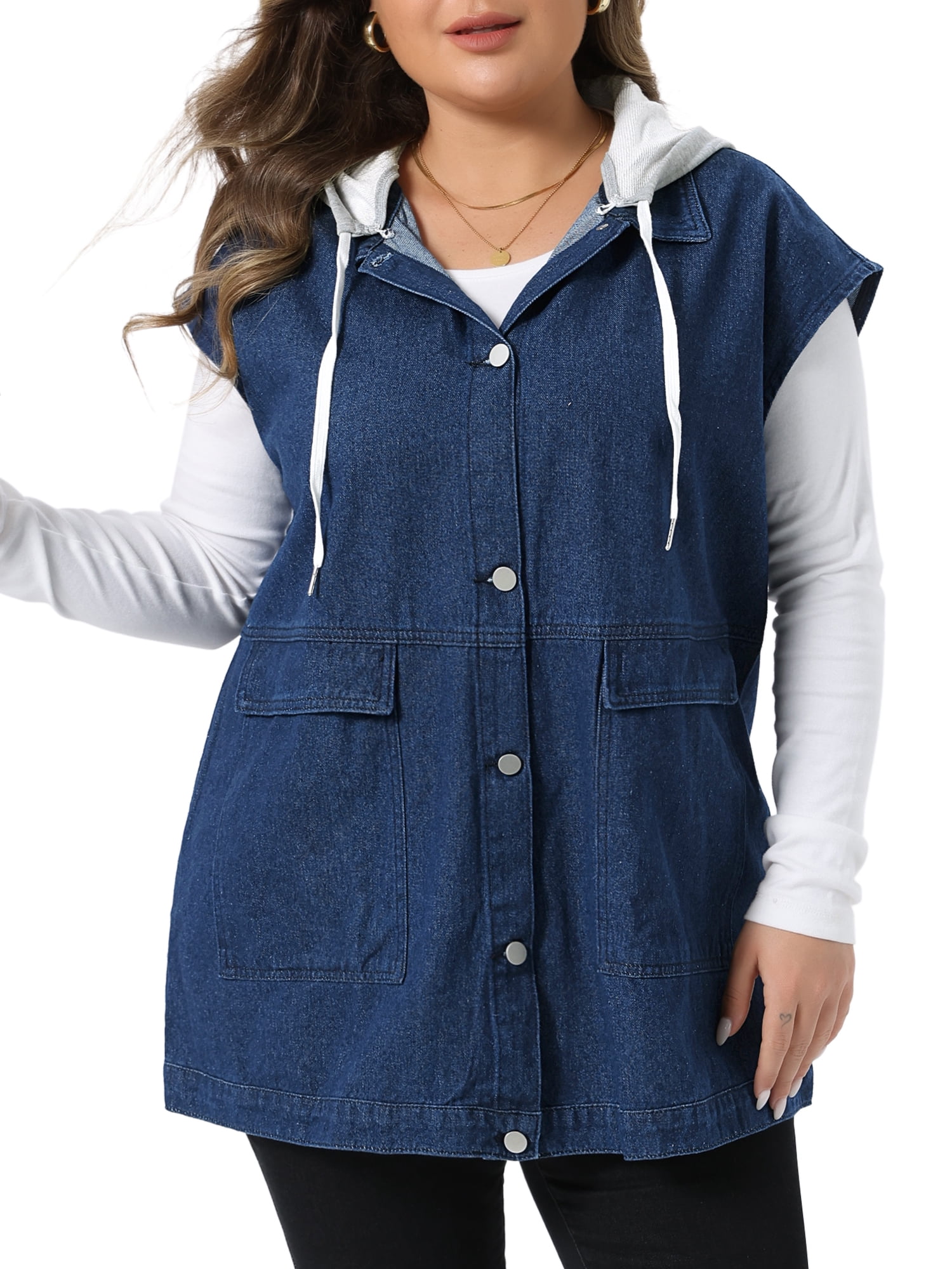 DARING DIVA Women's Plus Drawstring Hood Casual Denim Vest 2X Dark Blue