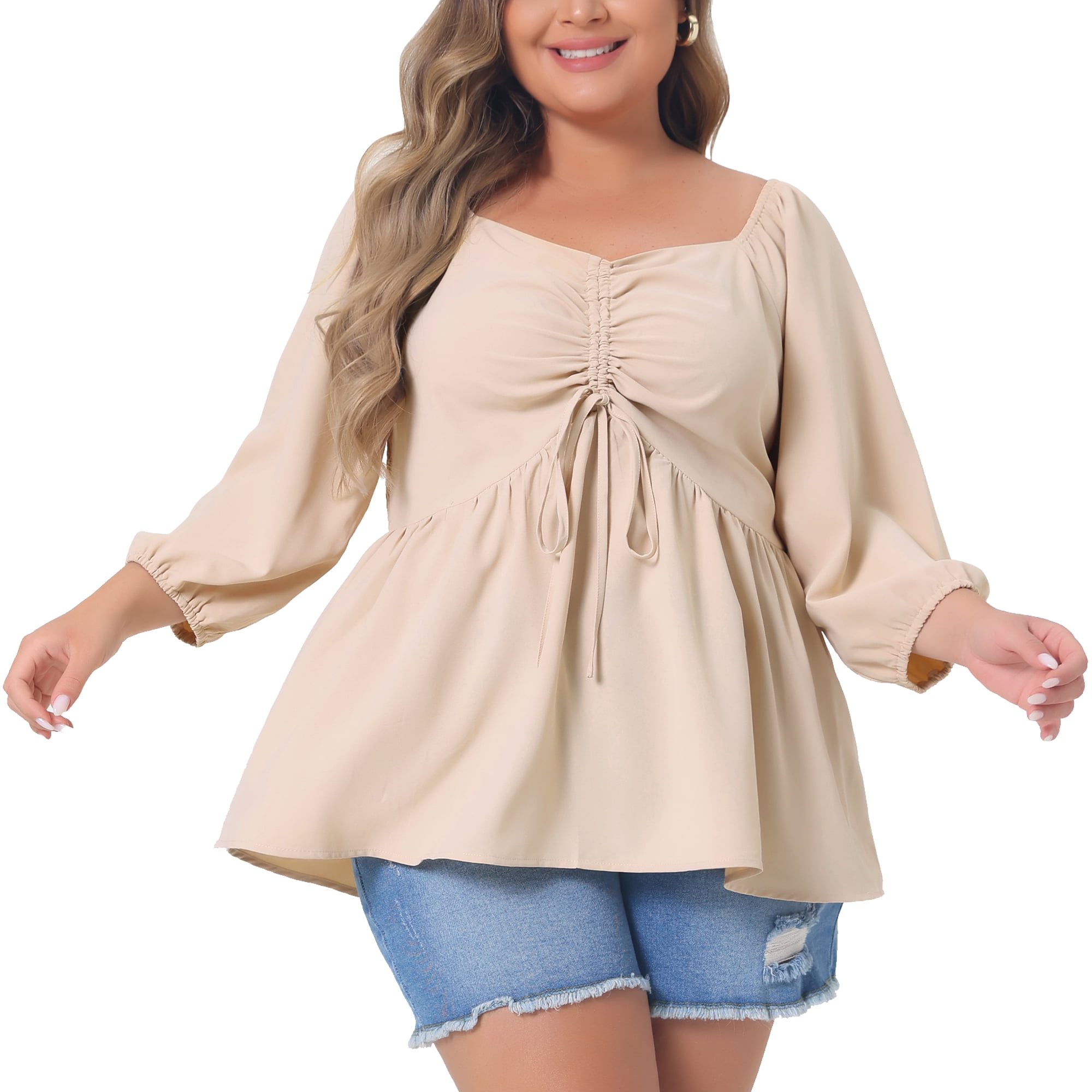 DARING DIVA Women's Plus Drawstring Ruched Peplum Blouse Tops 1X Light Apricot
