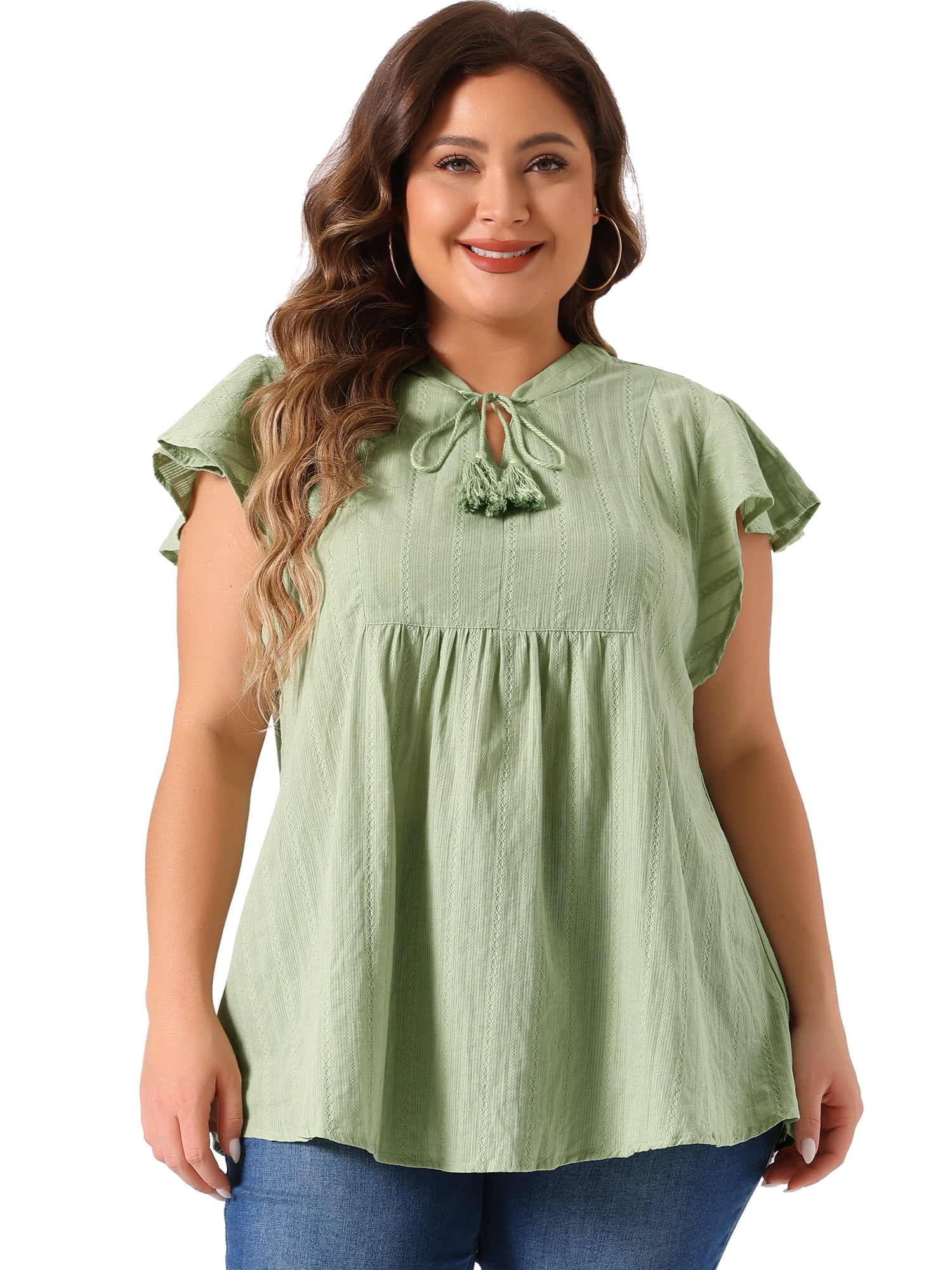 DARING DIVA Women's Plus Drawstring Split V Neck Flutter Sleeve Tunic Top 4X Green