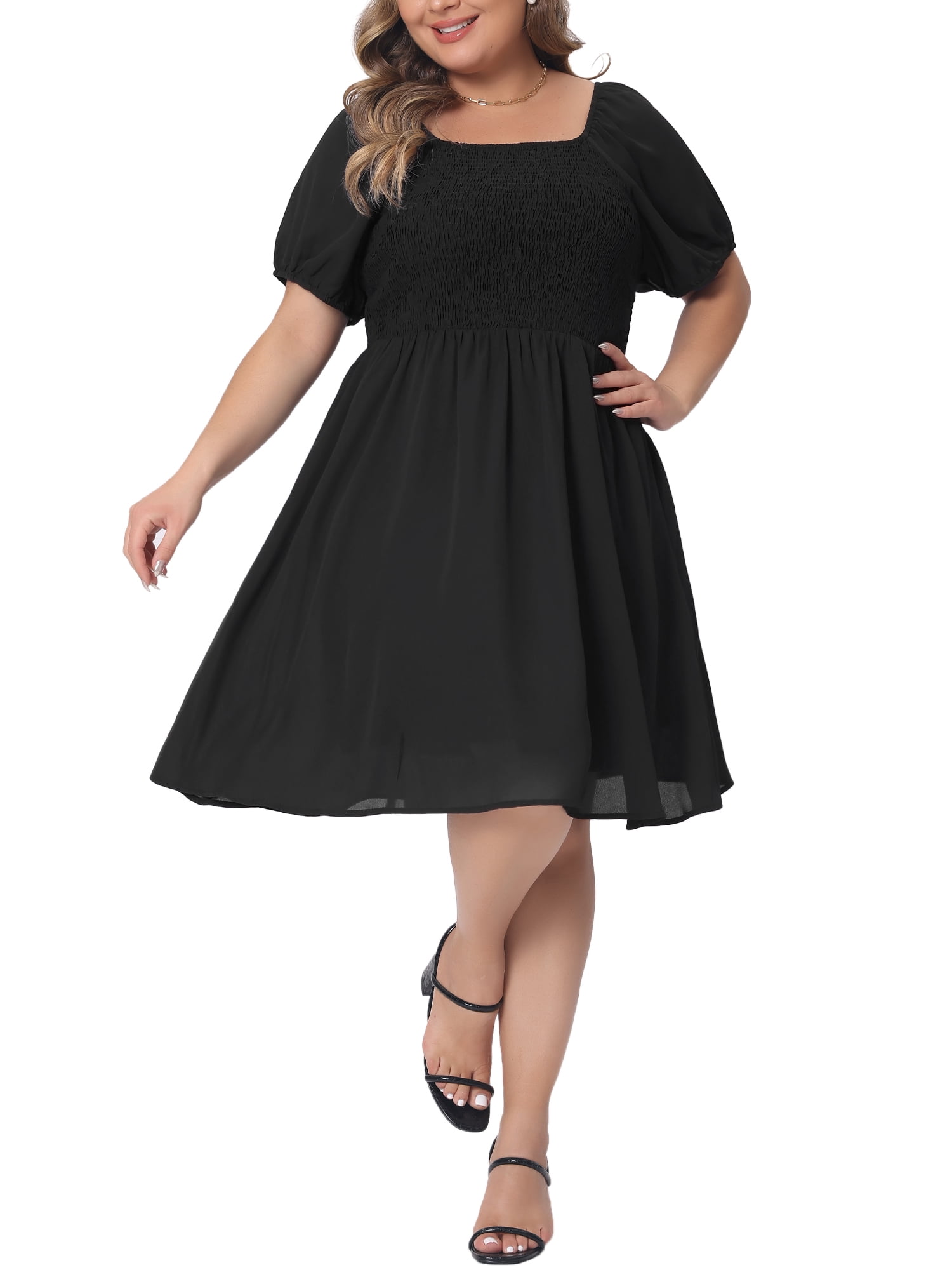 DARING DIVA Women's Plus Dress Smocked Square Neck Stretchy Midi Dress 3XL Black