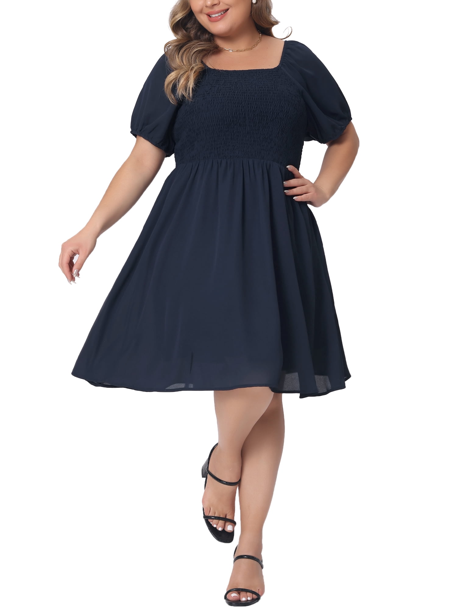 DARING DIVA Women's Plus Dress Smocked Square Neck Stretchy Midi Dress 4XL Navy Blue