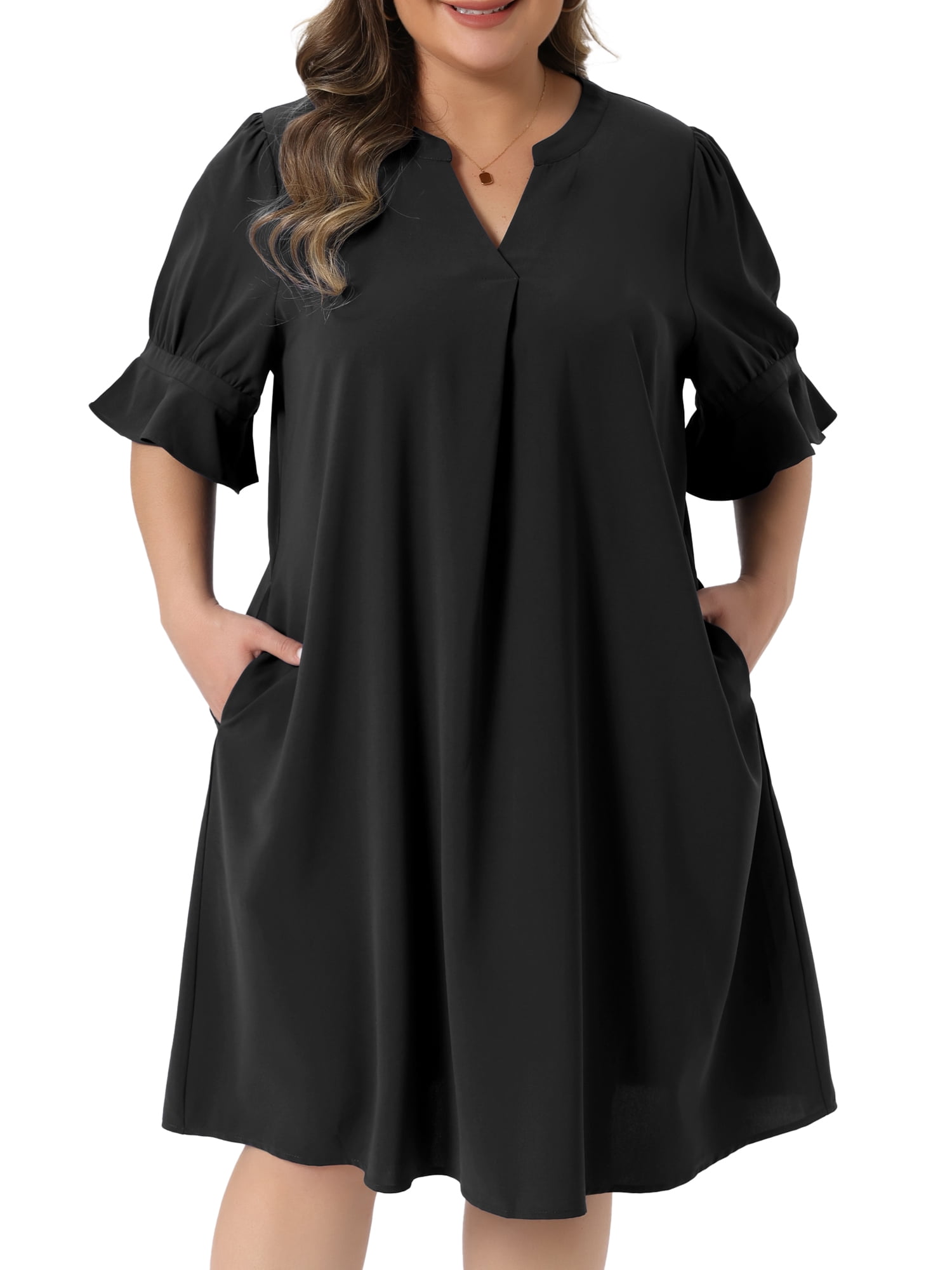 DARING DIVA Women's Plus Dresses Notch V Neck Bell Short Sleeve Casual Aline 1X Black