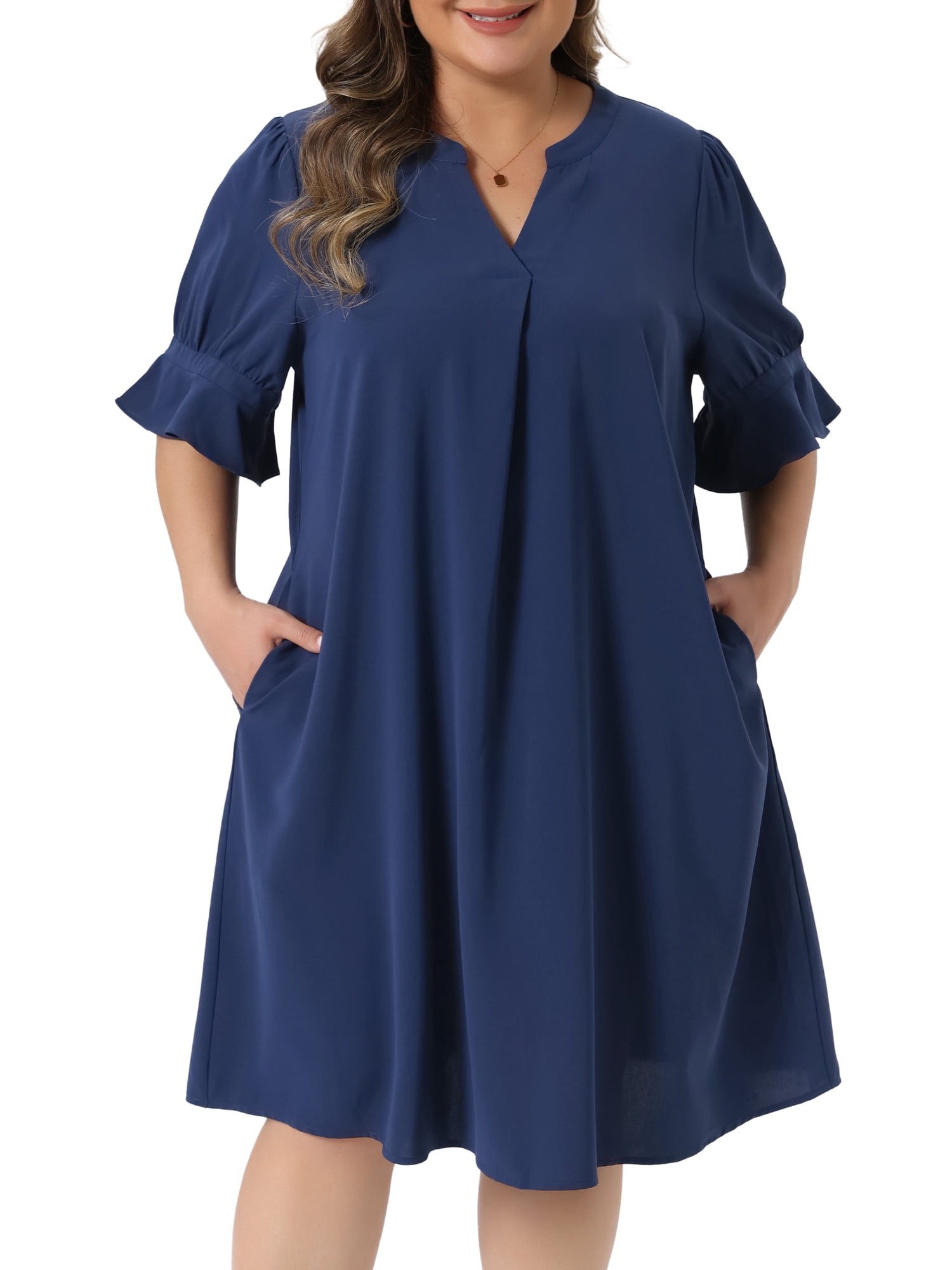 DARING DIVA Women's Plus Dresses Notch V Neck Bell Short Sleeve Casual Aline 1X Dark Blue