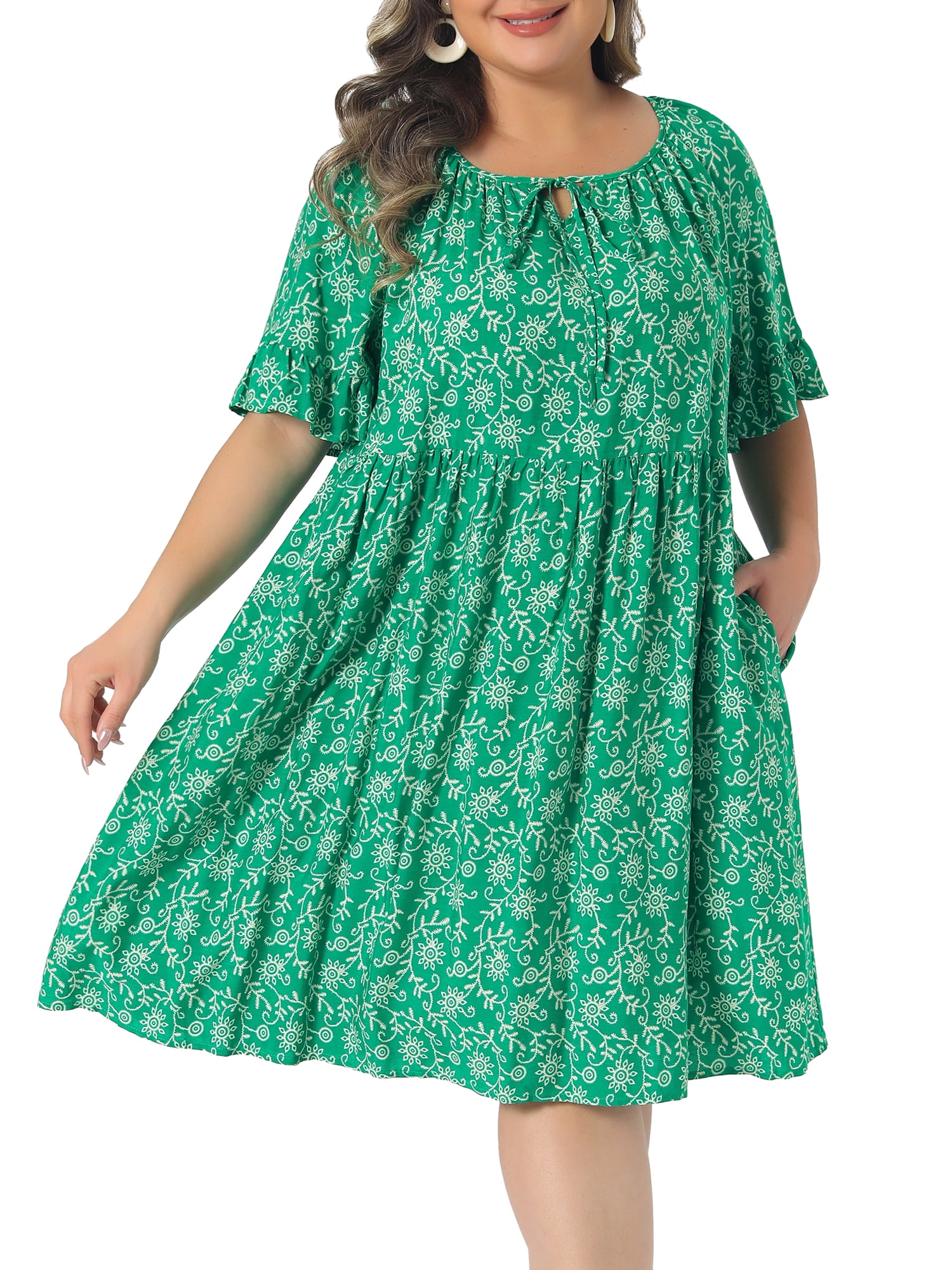 DARING DIVA Women's Plus Dresses Scoop Neck Ruffle Floral Dress 4X Green
