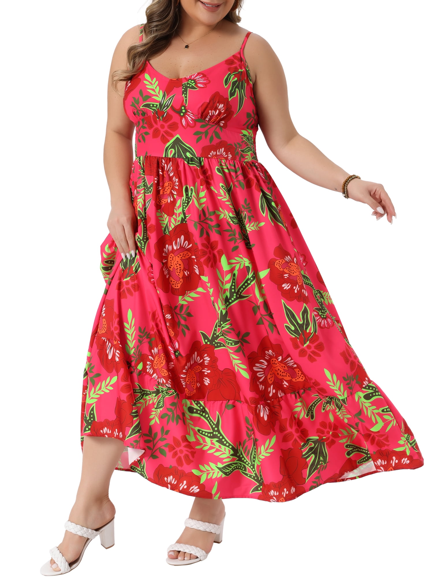 DARING DIVA Women's Plus Dresses V Neck Floral Cami Maxi Dress L Red