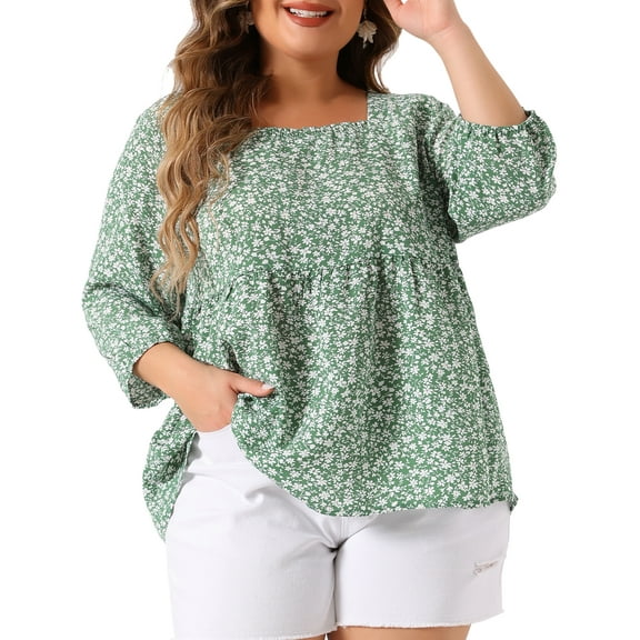 DARING DIVA Women's Plus Dressy 3/4 Sleeve Floral Peplum Babydoll Top 2X Green