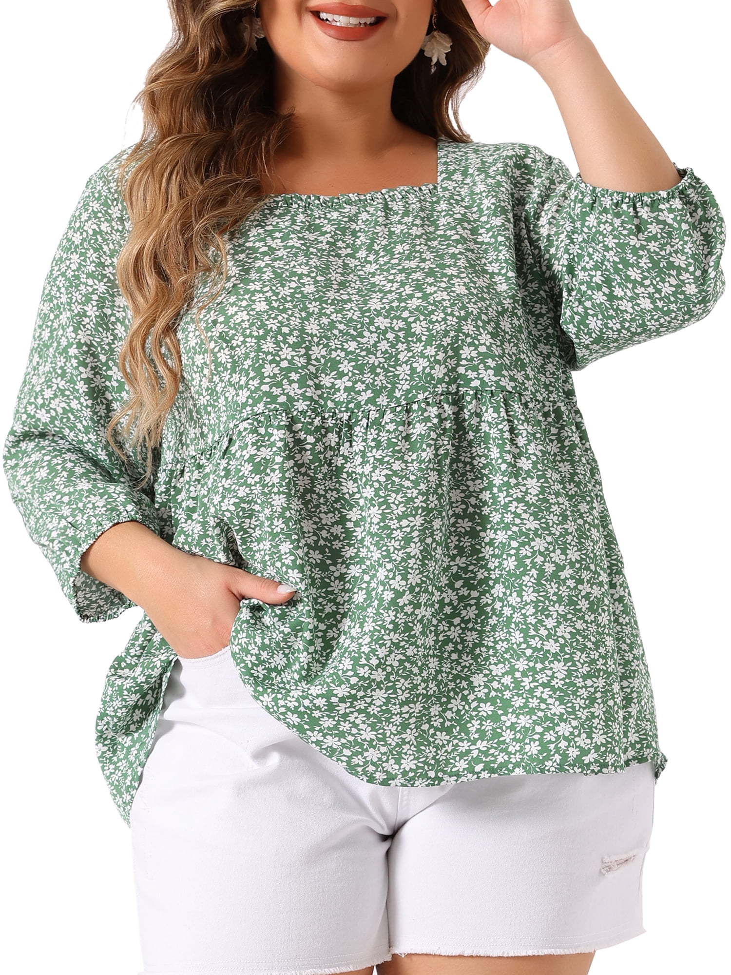 DARING DIVA Women's Plus Dressy 3/4 Sleeve Floral Peplum Babydoll Top 3X Green