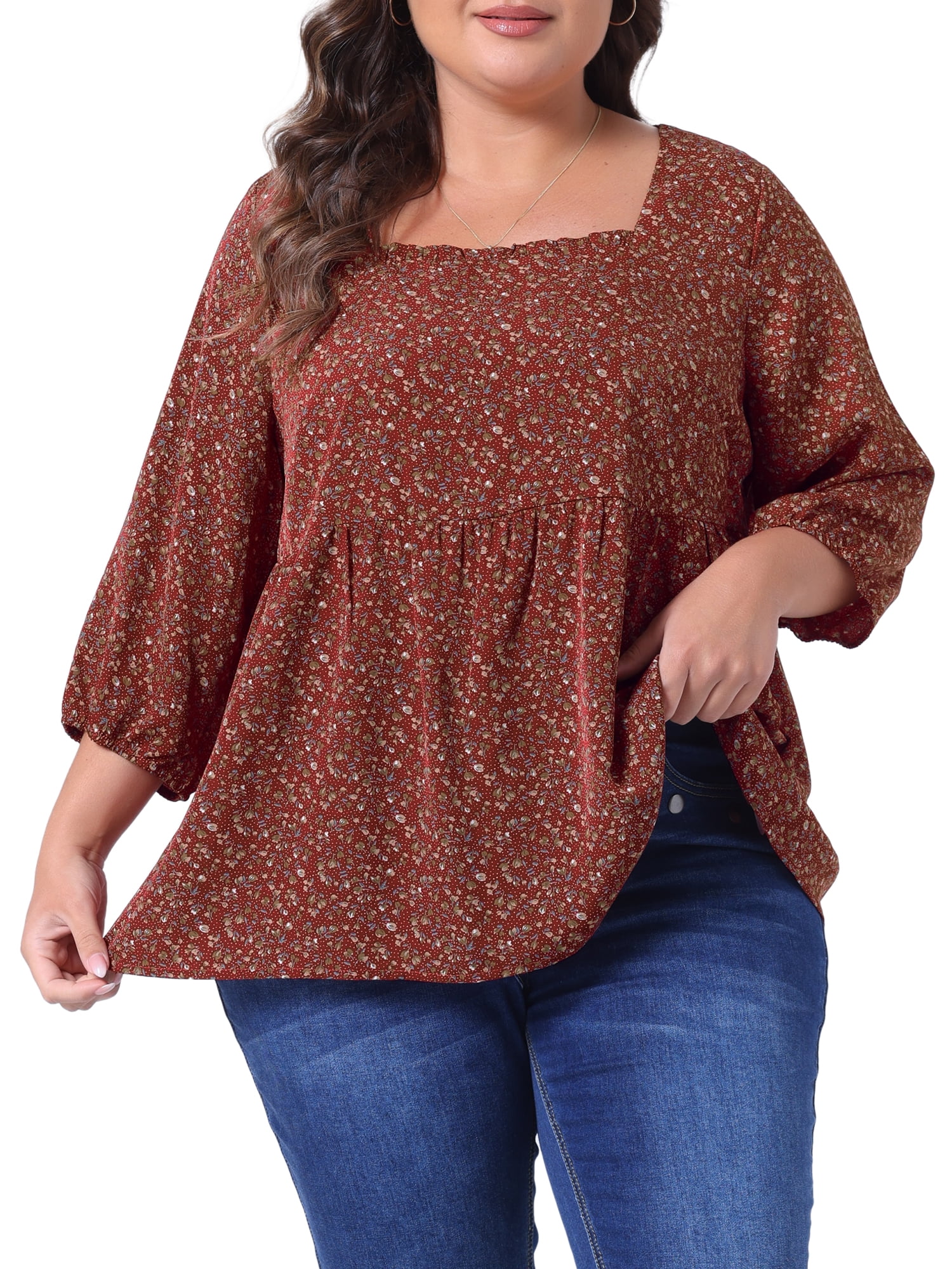 DARING DIVA Women's Plus Dressy 3/4 Sleeve Floral Peplum Babydoll Top 4X Burgundy