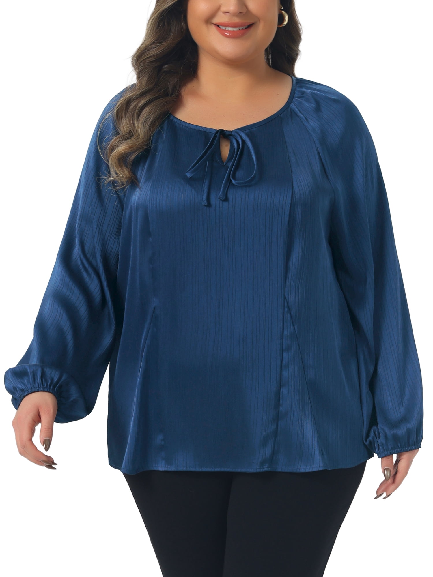 DARING DIVA Women's Plus Dressy Blouse Tie Front Elegant Shirt 2X Navy Blue