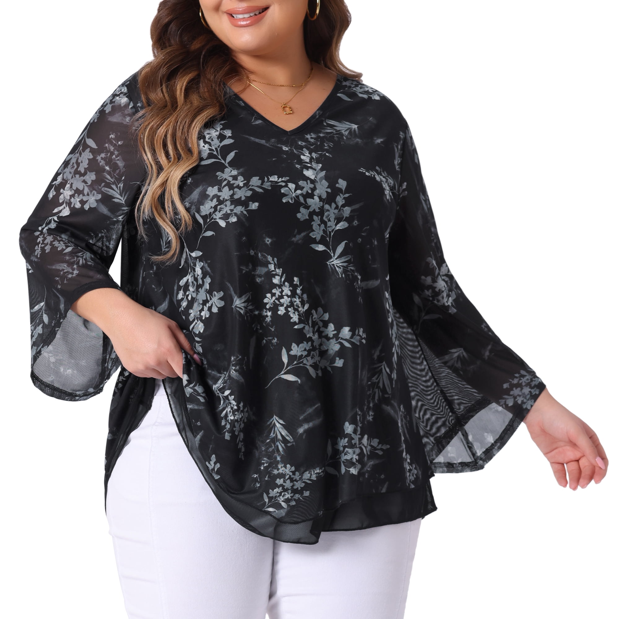 Women's Plus Women's Dressy Blouse V Neck Mesh Casual Flowy Work Shirts 3X Black