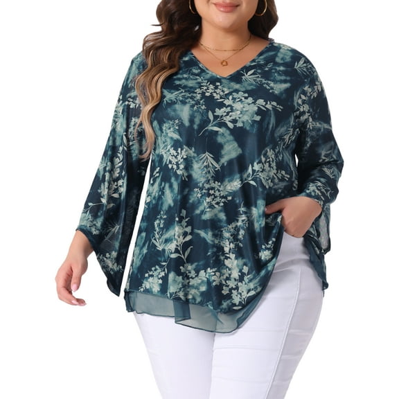 DARING DIVA Women's Plus Dressy V Neck Mesh Casual Flowy Blouse 3X Cyan