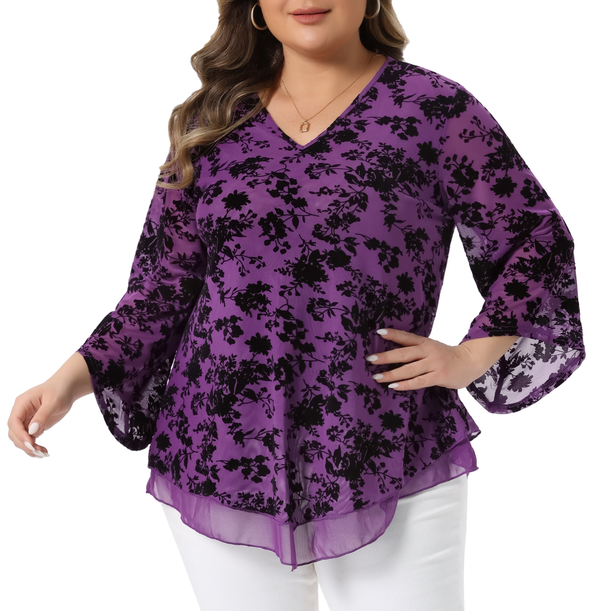 DARING DIVA Women's Plus Dressy V Neck Mesh Casual Flowy Blouse 3X Purple