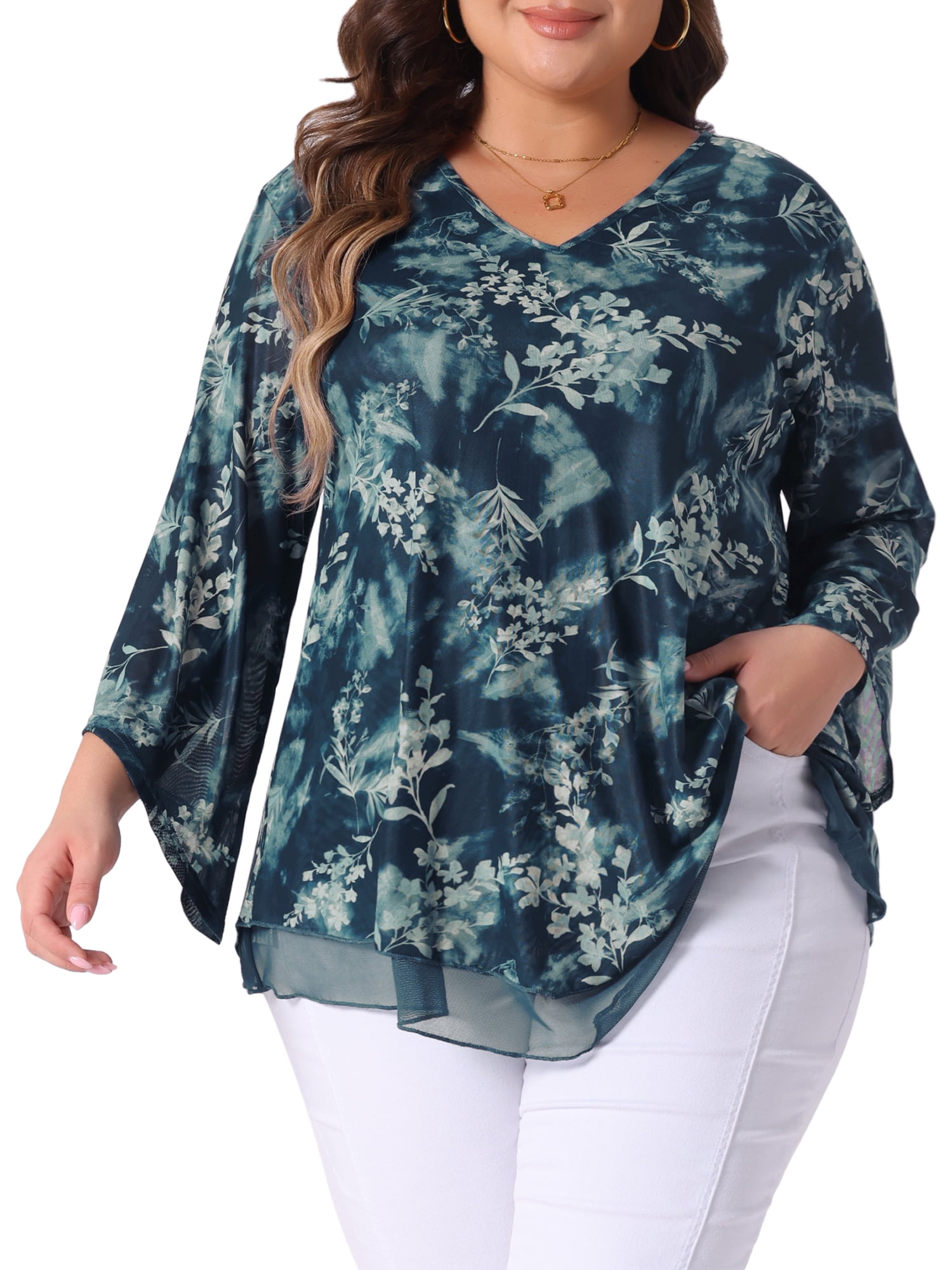 Women's Plus Women's Dressy Blouse V Neck Mesh Casual Flowy Work Shirts 4X Cyan