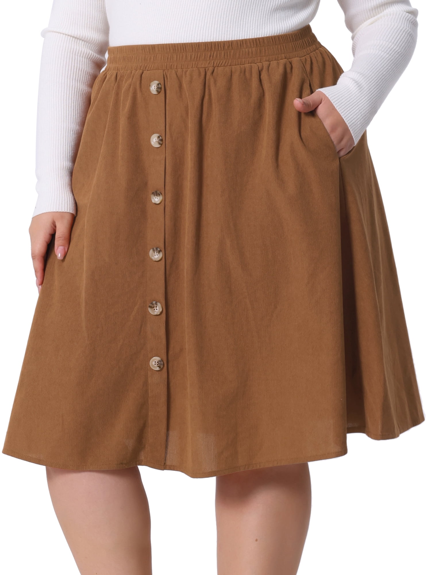 DARING DIVA Women's Plus Elastic High Waist Corduroy Skirt with Pocket 2X Dark Brown